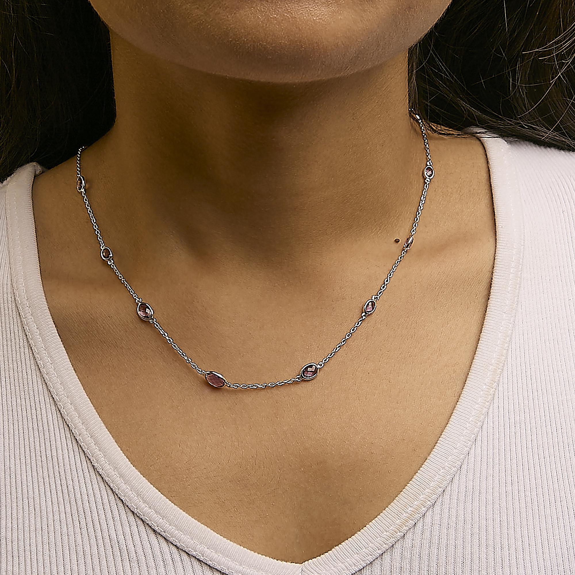 .925 Sterling Silver Checkerboard Cut Purple Amethyst Bezel Station Necklace - 22" Inches - Friggin Jewelry