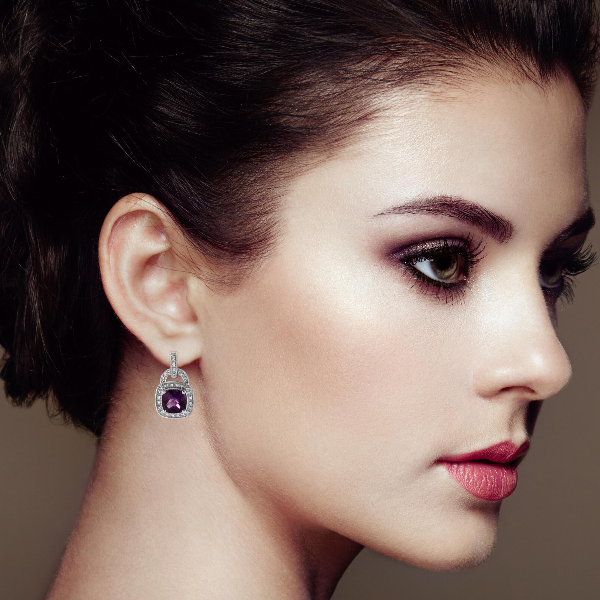 .925 Sterling Silver 8MM Natural Cushion Shaped Amethyst and Diamond Accent Halo with Push Back Dangle Earrings (I-J Color, I2-I3 Clarity) - Friggin Jewelry