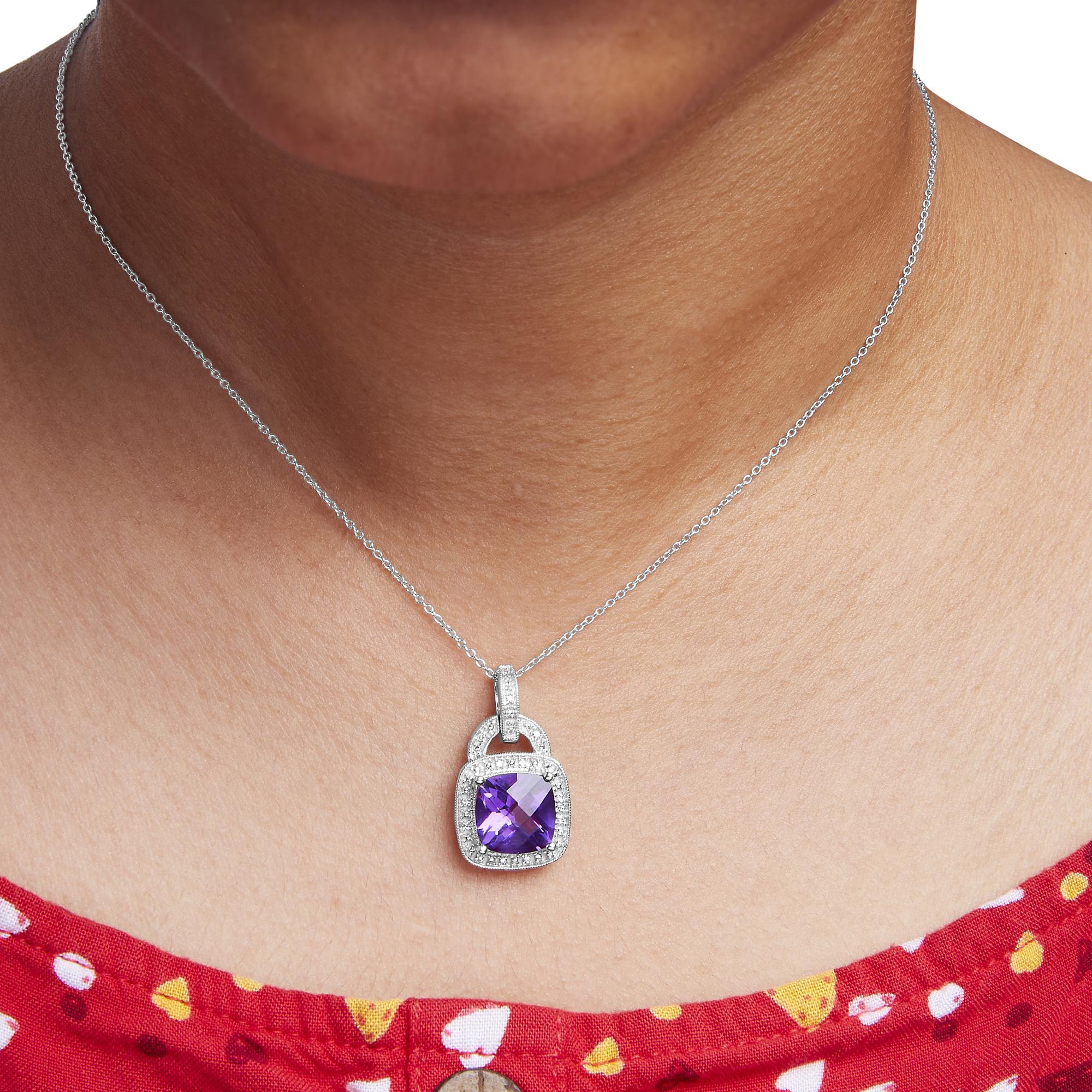 .925 Sterling Silver 10X10 MM Cushion Purple Amethyst and Diamond Accent Halo 18" Pendant Necklace (I-J Color, I1-I2 Clarity) - Friggin Jewelry