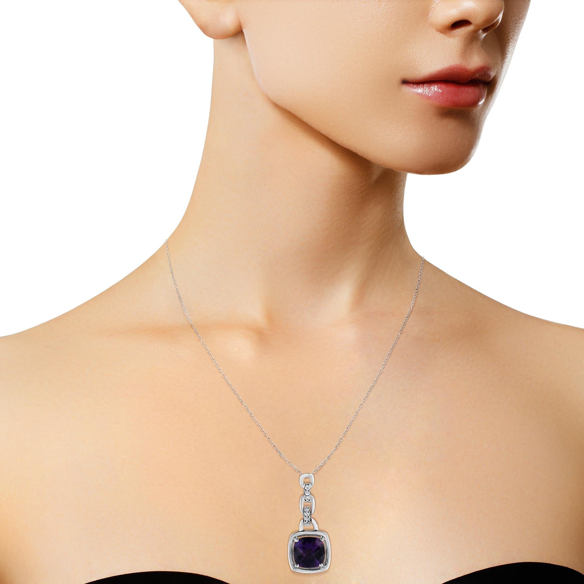.925 Sterling Silver 6x6MM Cushion Shaped Natural Purple Amethyst and Diamond Accented Bale 18" Inch Pendant Necklace (I-J Color, I1-I2 Clarity) - Friggin Jewelry
