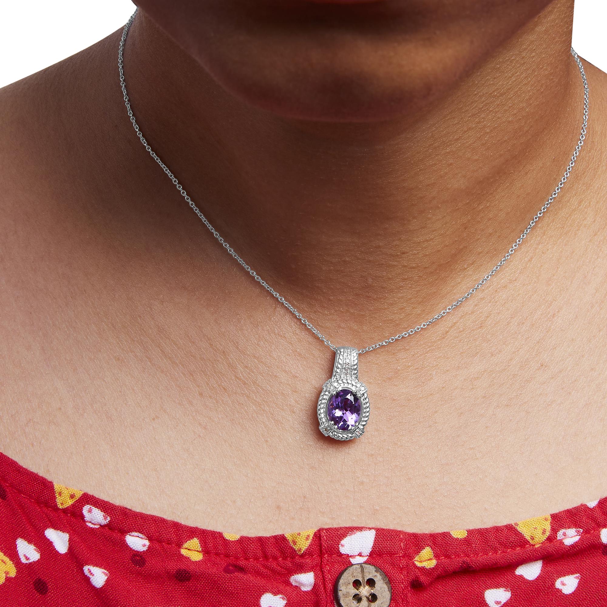 .925 Sterling Silver 9x7mm Oval Purple Amethyst and Round Diamond Accent Fashion Drop Pendant 18 Inch Necklace (I-J Color, I1-I2 Clarity) - Friggin Jewelry
