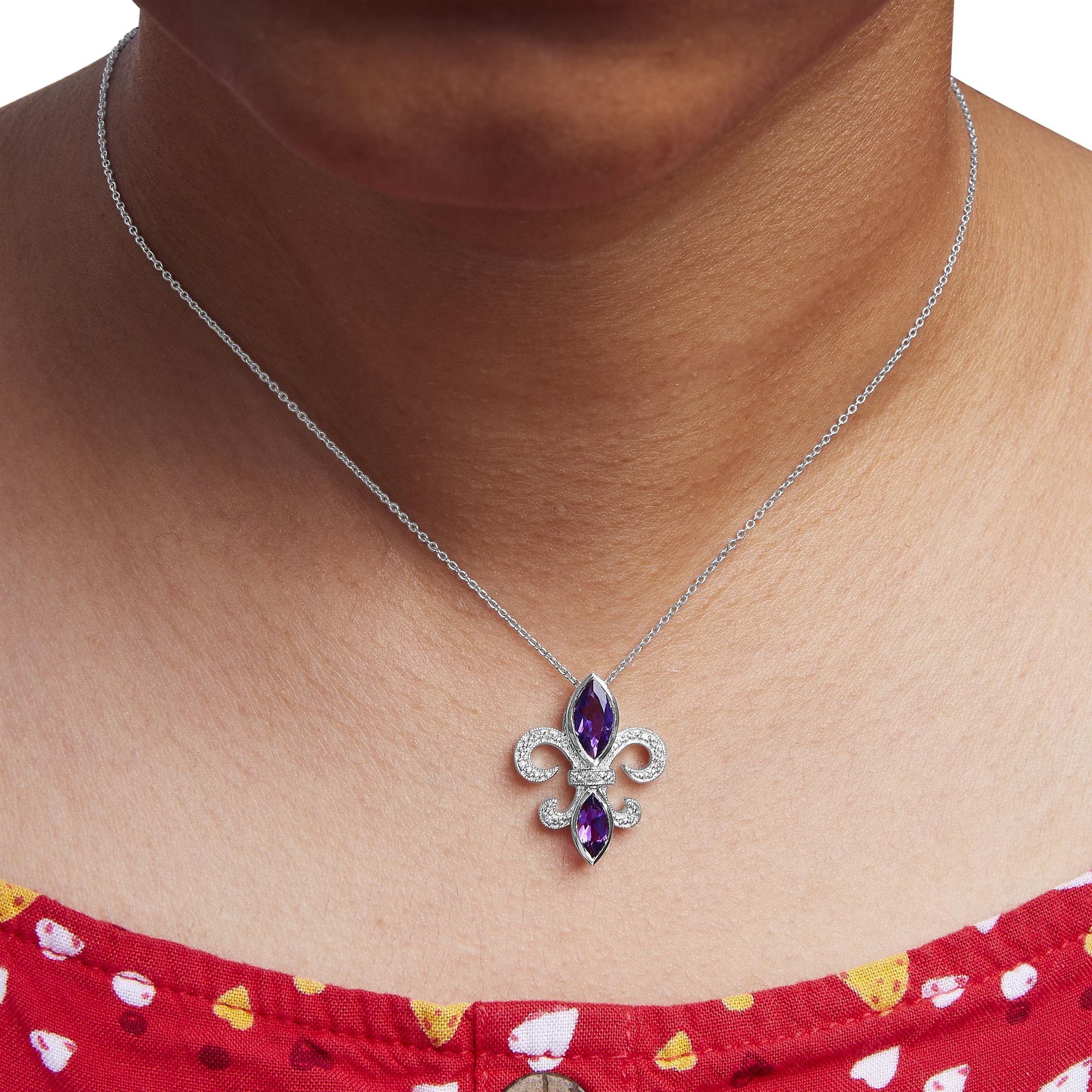 Collar con colgante de flor de lis con amatista morada, talla marquesa y detalles de diamantes en plata de ley 925 (color HI, claridad SI1-SI2) - Talla 45,7 cm - Friggin Jewelry