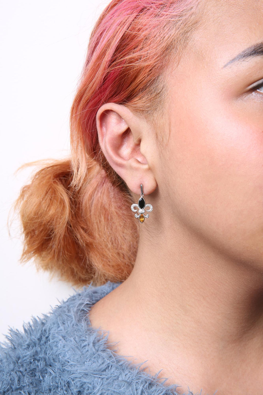 .925 Sterling Silver Marquise Cut Onyx and Citrine with Diamond Accent Fleur De Lis Drop Stud Earrings (H-I Color, SI1-SI2 Clarity) - Friggin Jewelry