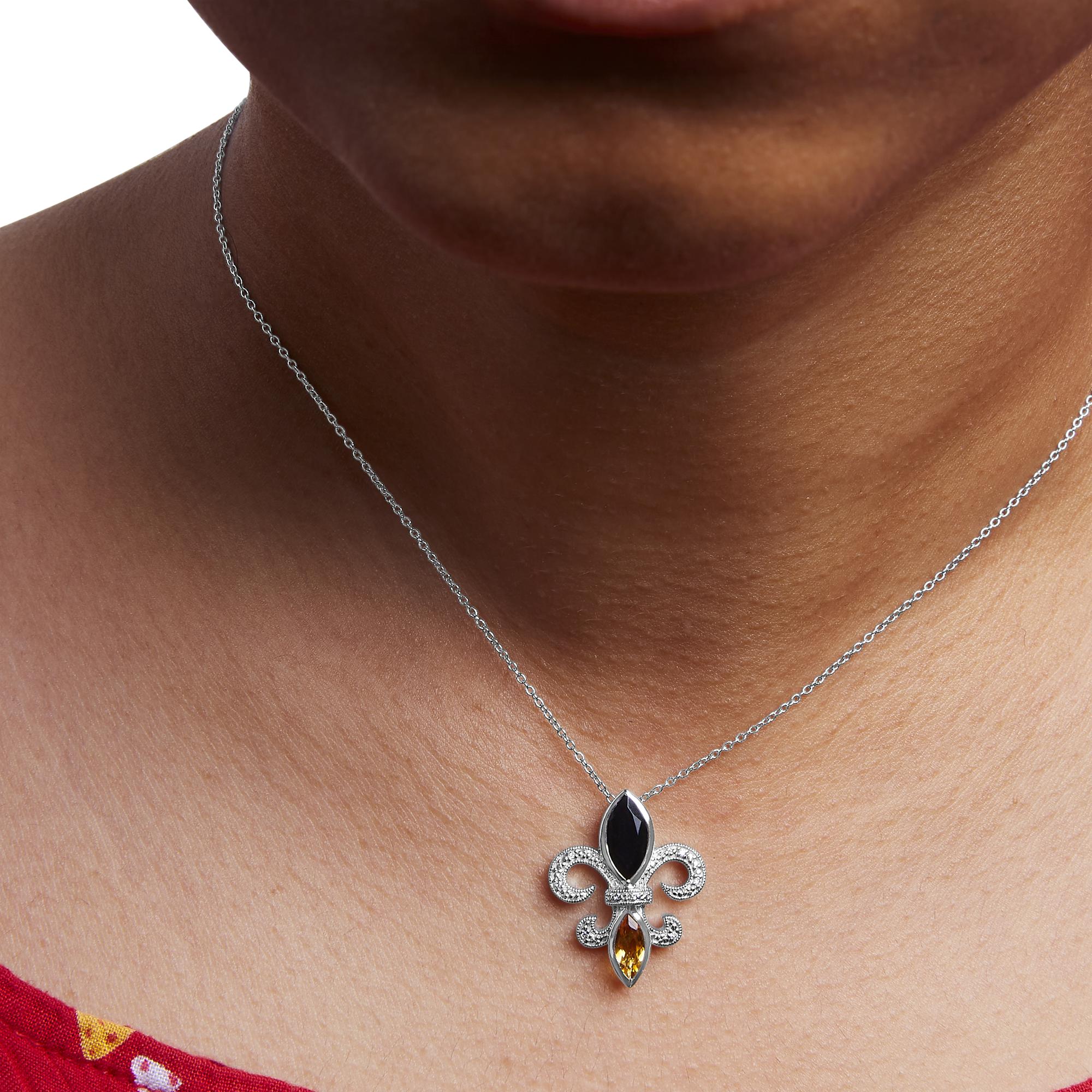 .925 Sterling Silver Marquise Onyx and Citrine and Diamond Accent Fleur De Lis Pendant Necklace (H-I Color, SI1-SI2 Clarity) - 18" - Friggin Jewelry