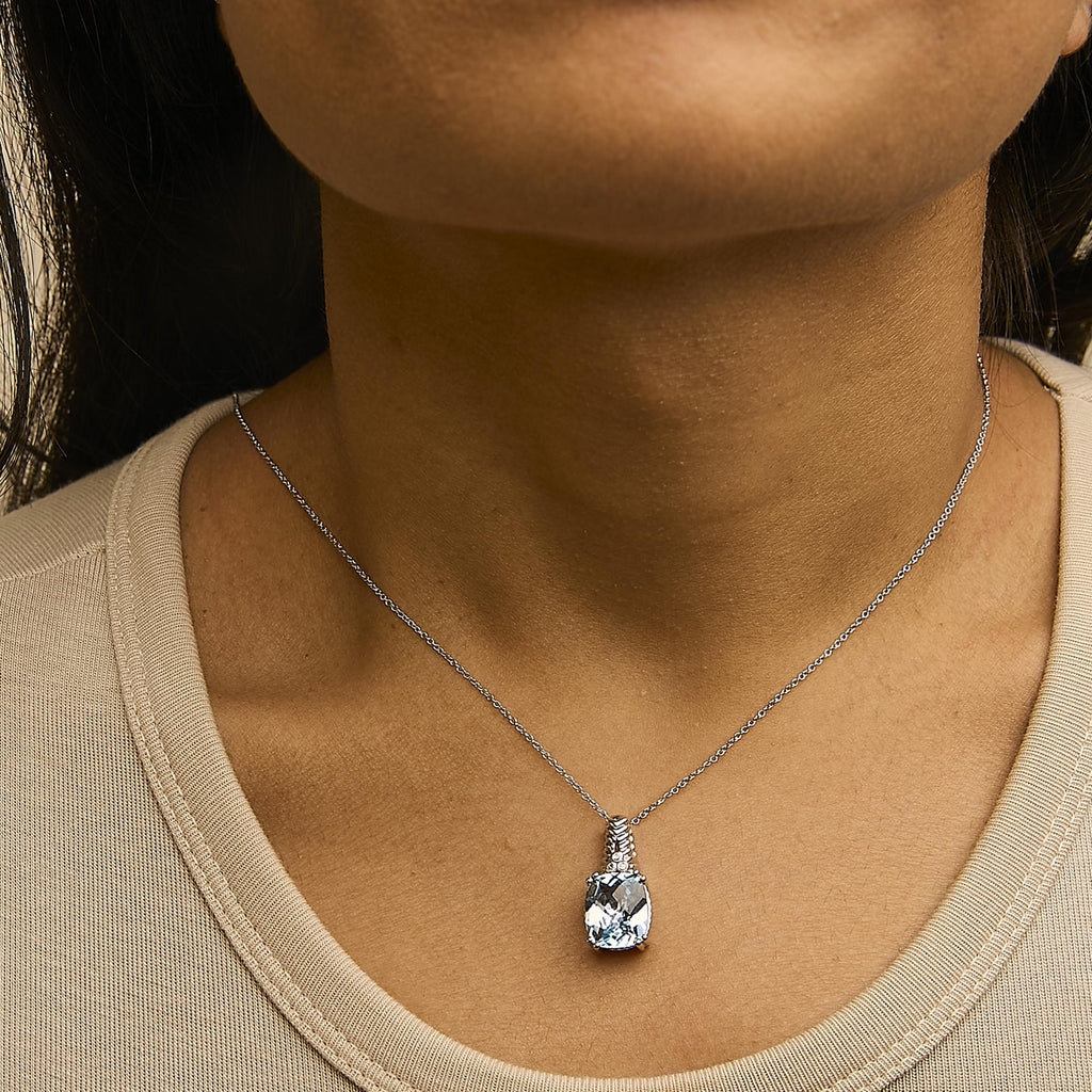 .925 Sterling Silver Blue Topaz and Diamond Accent Textured Pendant Necklace - 18" Inches - Friggin Jewelry