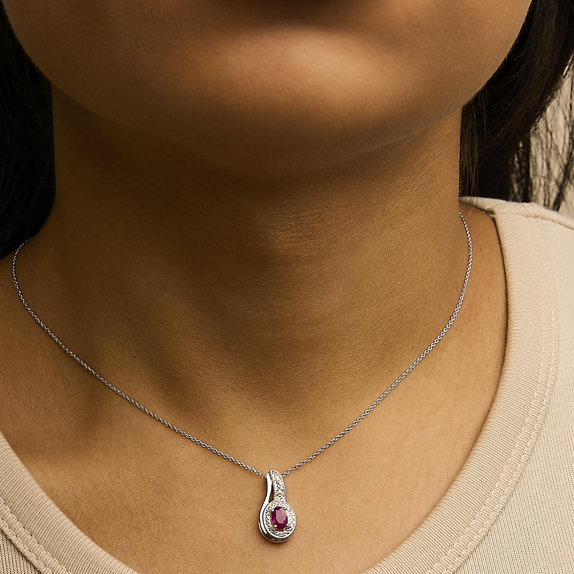 .925 Sterling Silver Red Ruby and Diamond Accent Milgrain Swirl Pendant Necklace - 18" Inches - Friggin Jewelry