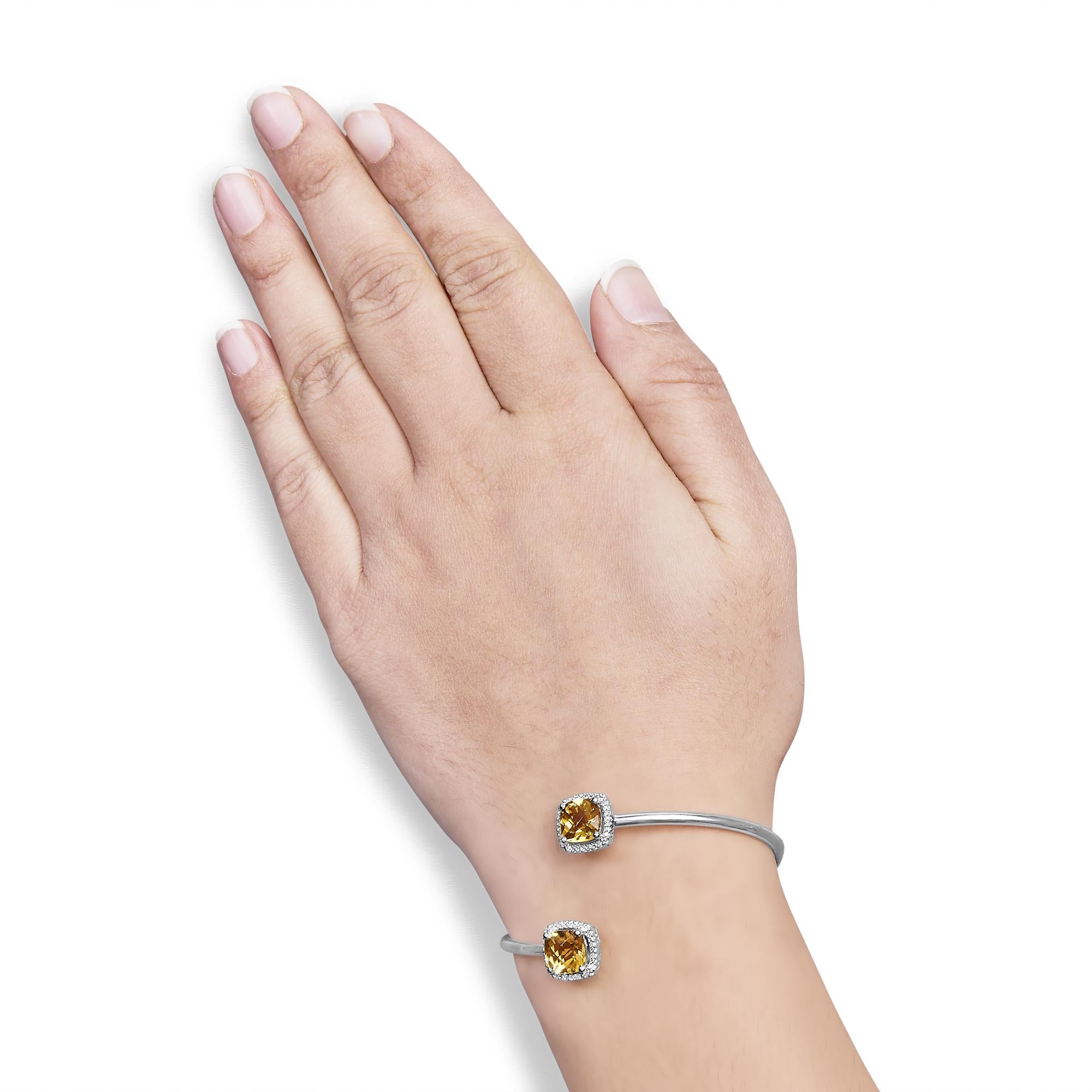 .925 Sterling Silver 8mm Cushion Cut Yellow Citrine Gemstone and Diamond Accent Split Bypass Bangle Bracelet (H-I Color, SI1-SI2 Clarity)  - Fits up to 7.75" Inches - Friggin Jewelry