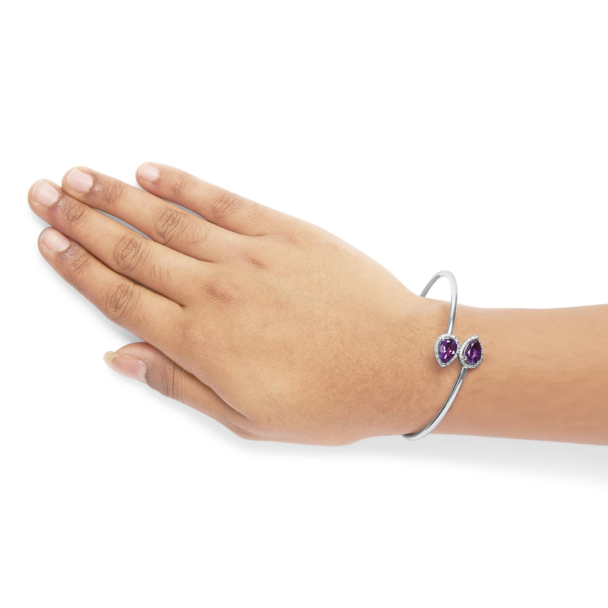 .925 Sterling Silver 8 x 5.5mm Pear Shape Amethyst  and Diamond Accent Halo Bypass Bangle Bracelet (H-I Color, SI1-SI2 Clarity)  - Fits up to 7" Inches - Friggin Jewelry
