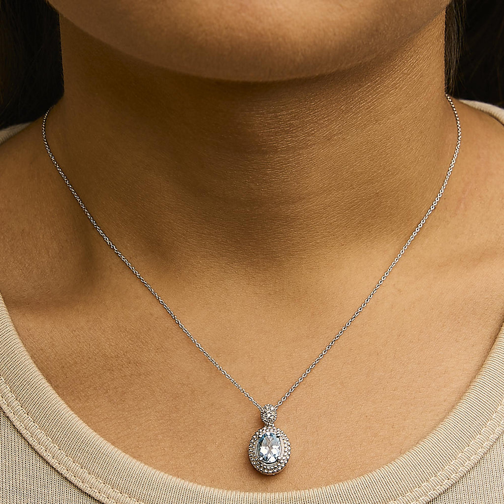 Collana con ciondolo a forma di alone di perline in argento sterling 925 con topazio blu ovale e diamanti - 18" pollici - Friggin Jewelry
