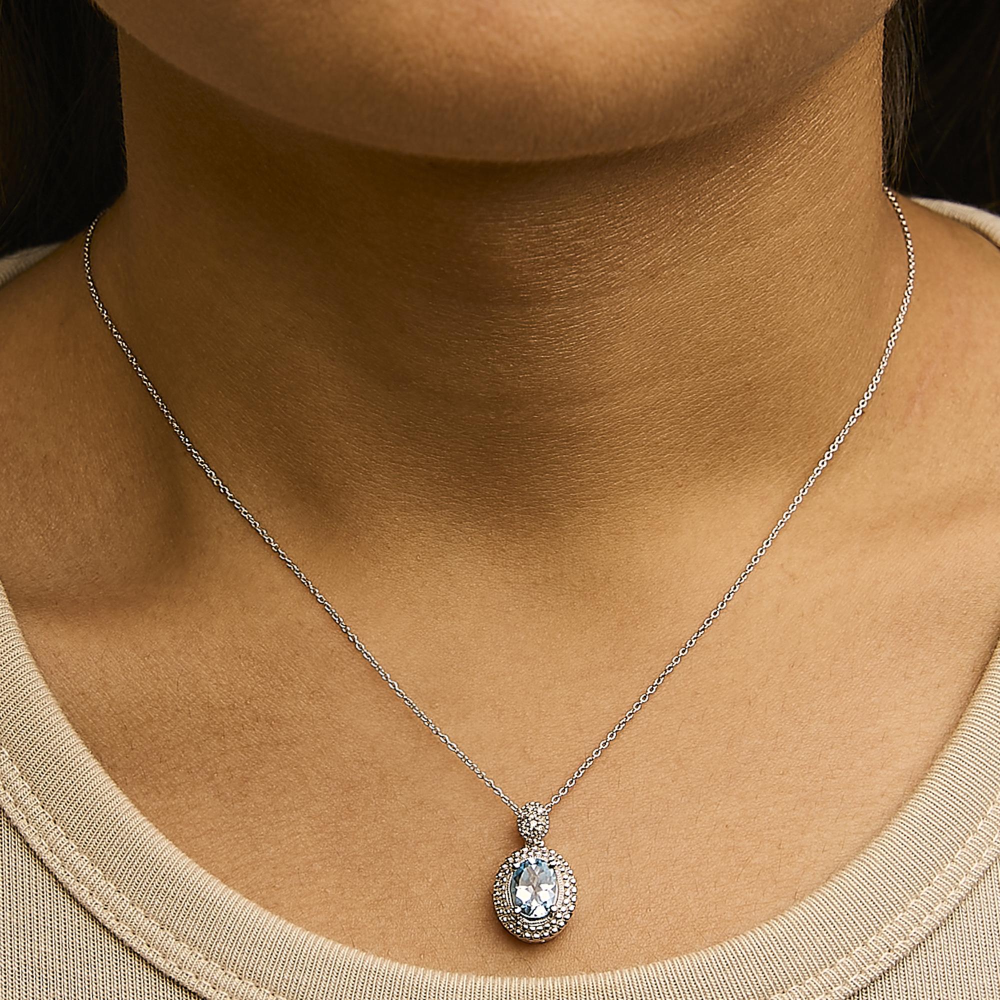 Collana con ciondolo a forma di alone di perline in argento sterling 925 con topazio blu ovale e diamanti - 18" pollici - Friggin Jewelry