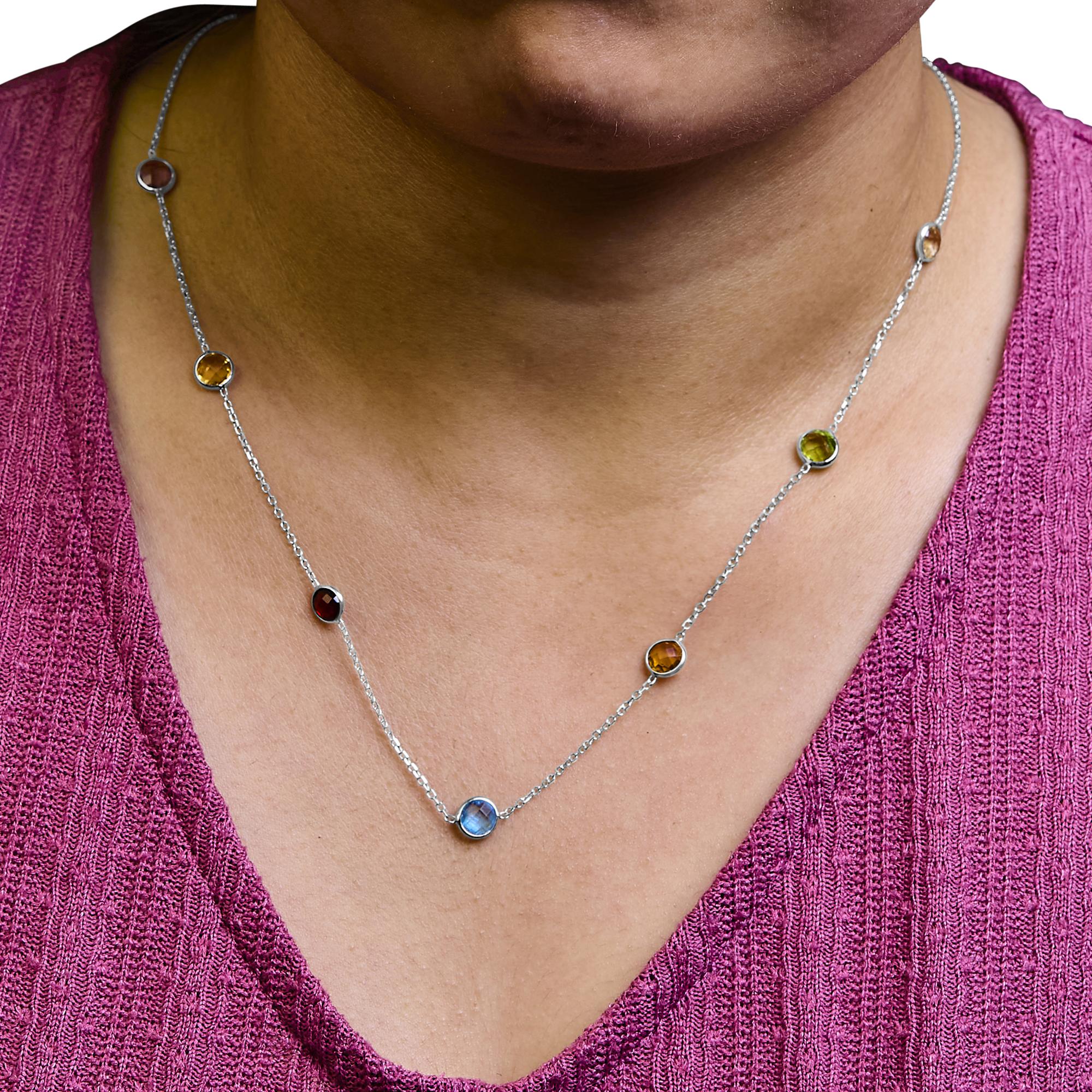 14K White Gold Bezel Set Mixed Gemstone 7 Station Adjustable 18"-24" Necklace - Friggin Jewelry