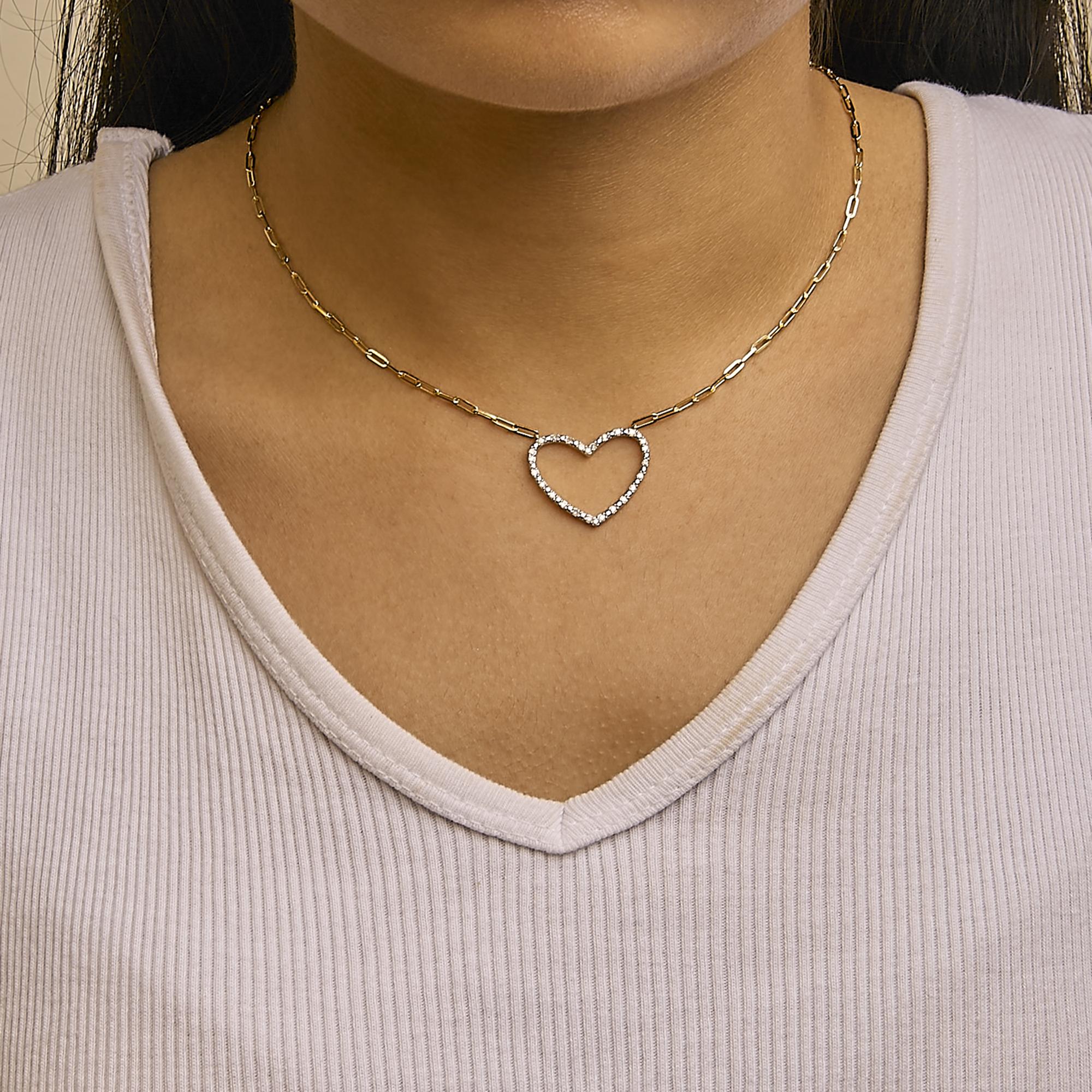 14K Yellow Gold Plated .925 Sterling Silver 1/4 Cttw Diamond Open Heart with Paperclip Chain Pendant Necklace (I-J Color, I2-I3 Clarity) - 18" Inches - Friggin Jewelry