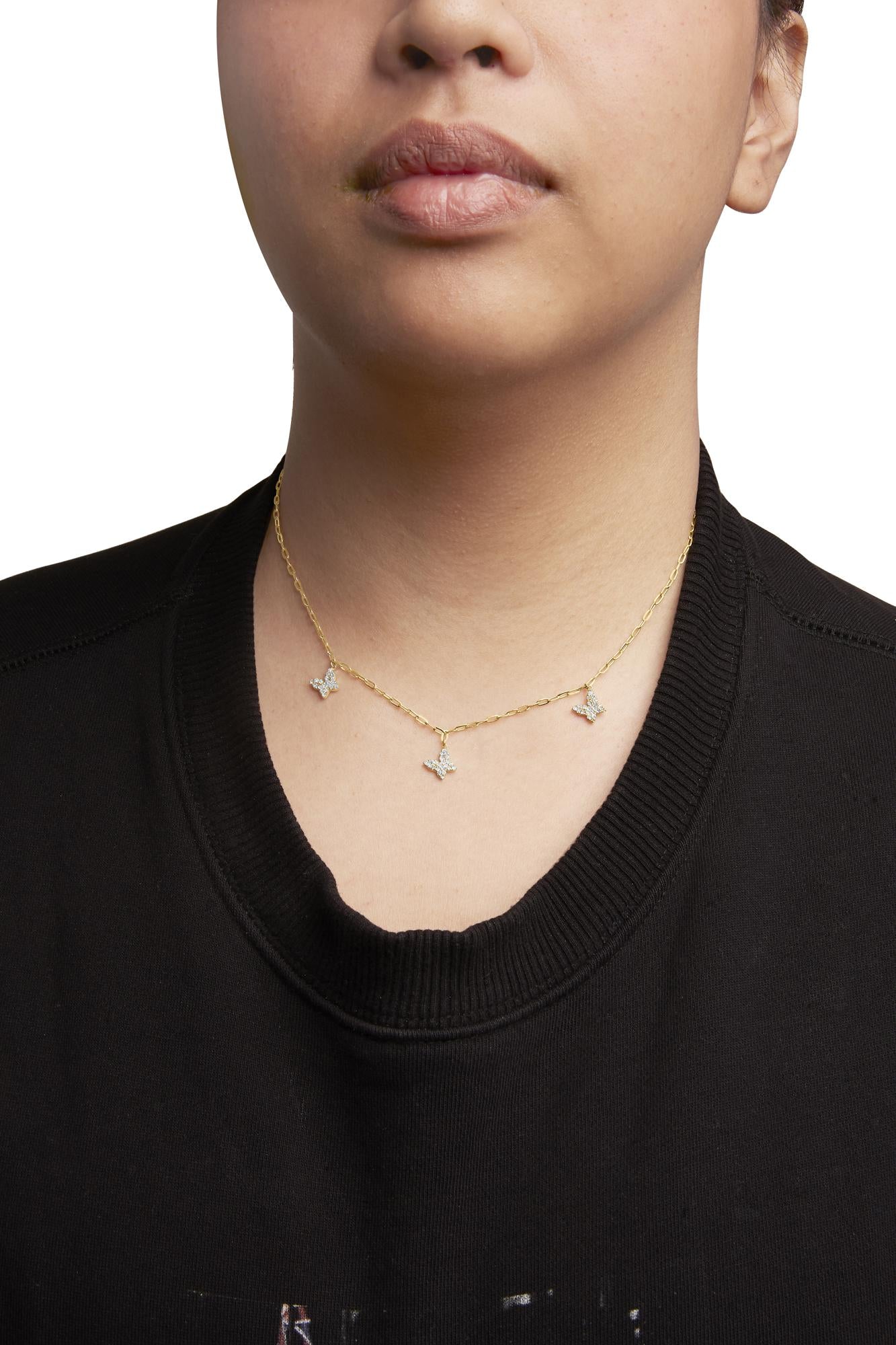 14KT Yellow Gold 1/2 Cttw Diamond Butterfly Station Paperclip Station Necklace (I-J Color, I1-I2 Clarity) - Adjustable 15"-17" Inches - Friggin Jewelry