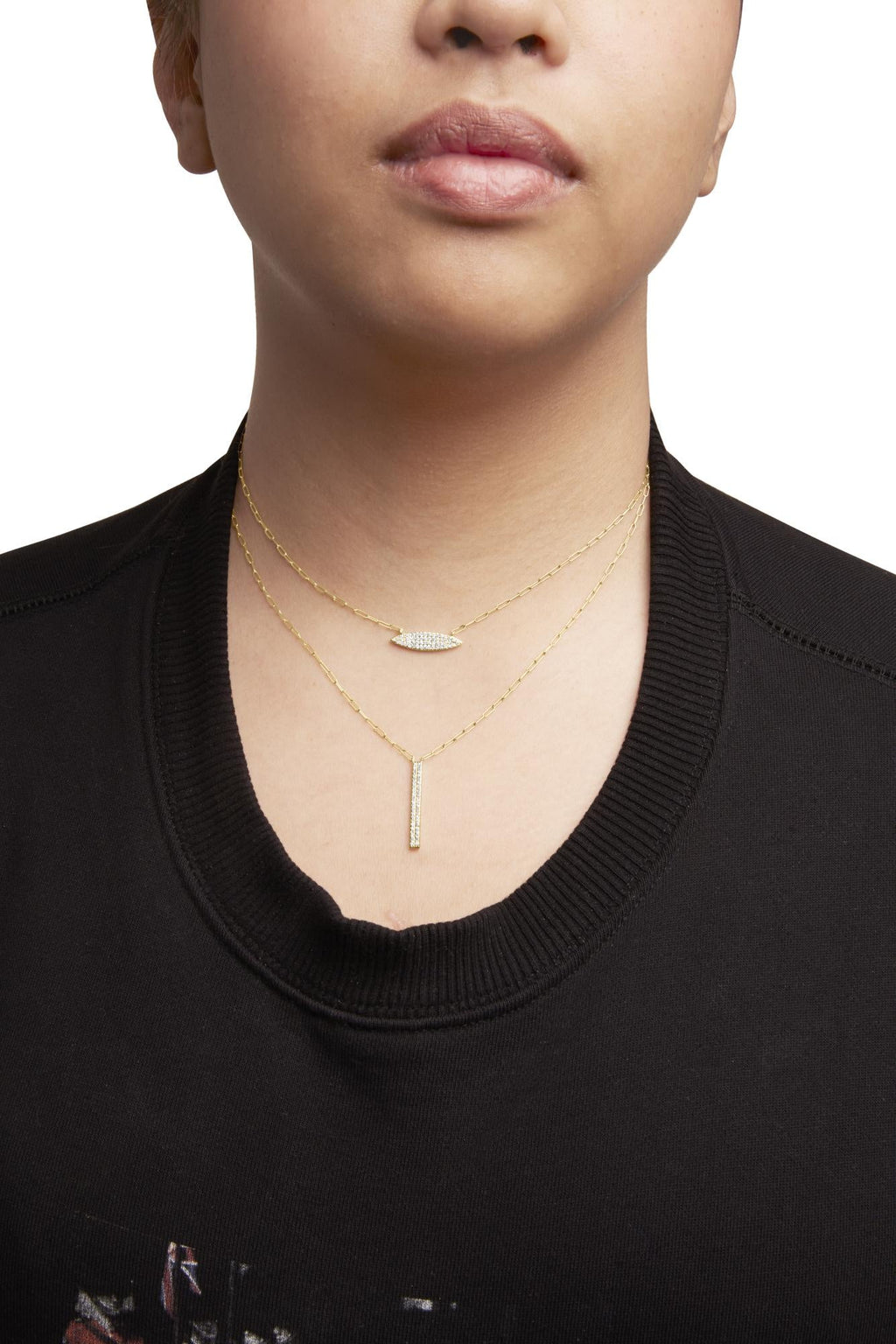 Collar con colgante de clip de papel de dos vueltas en oro amarillo de 14 quilates de 3/8 quilates con dije de marquesa y barra (color IJ, claridad I1-I2), longitudes de 18" y 20"