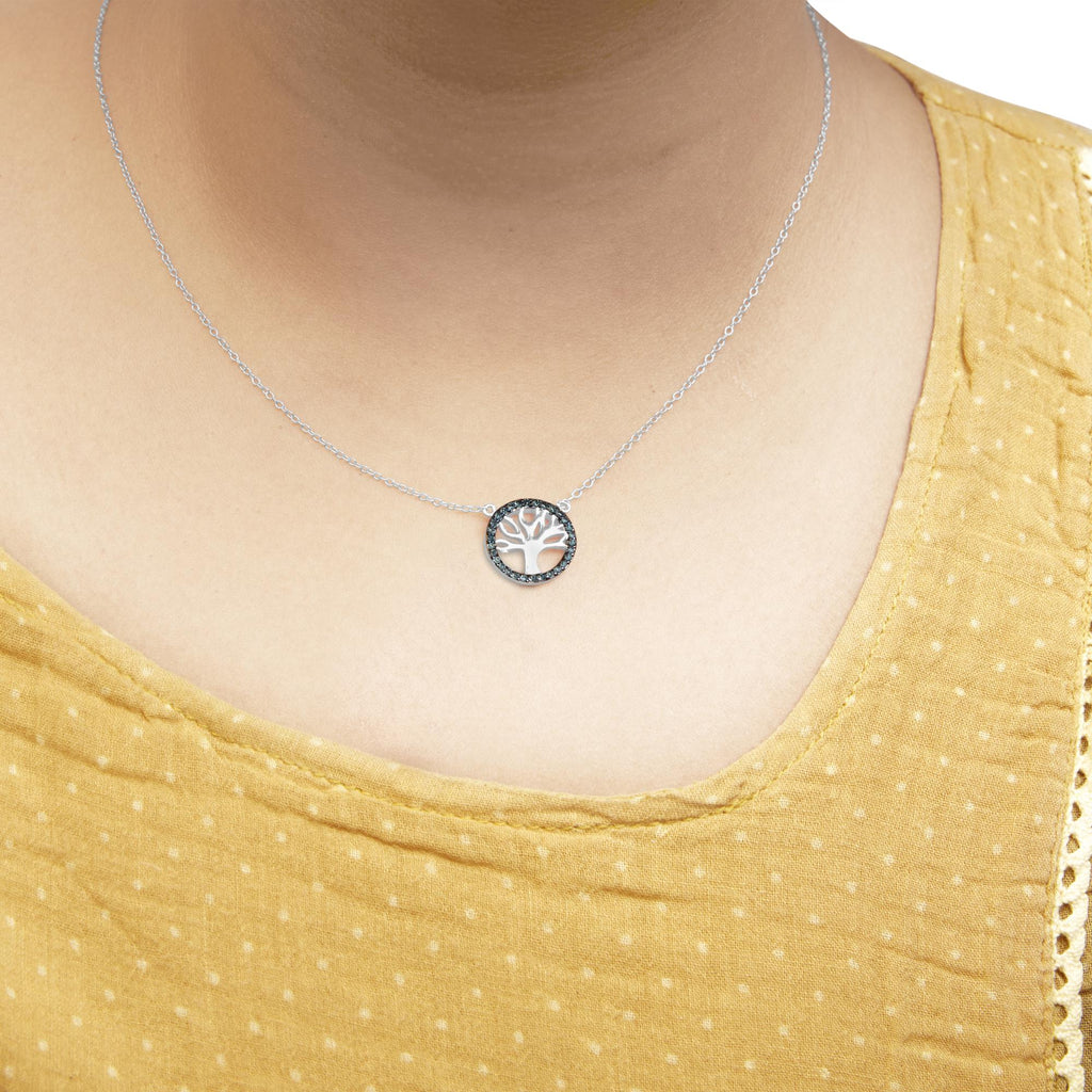 .925 Sterling Silver 1/6 Cttw Blue Diamond Tree of Life and Circle 18" Pendant Necklace (Blue Color, SI1-SI2 Clarity) - Friggin Jewelry