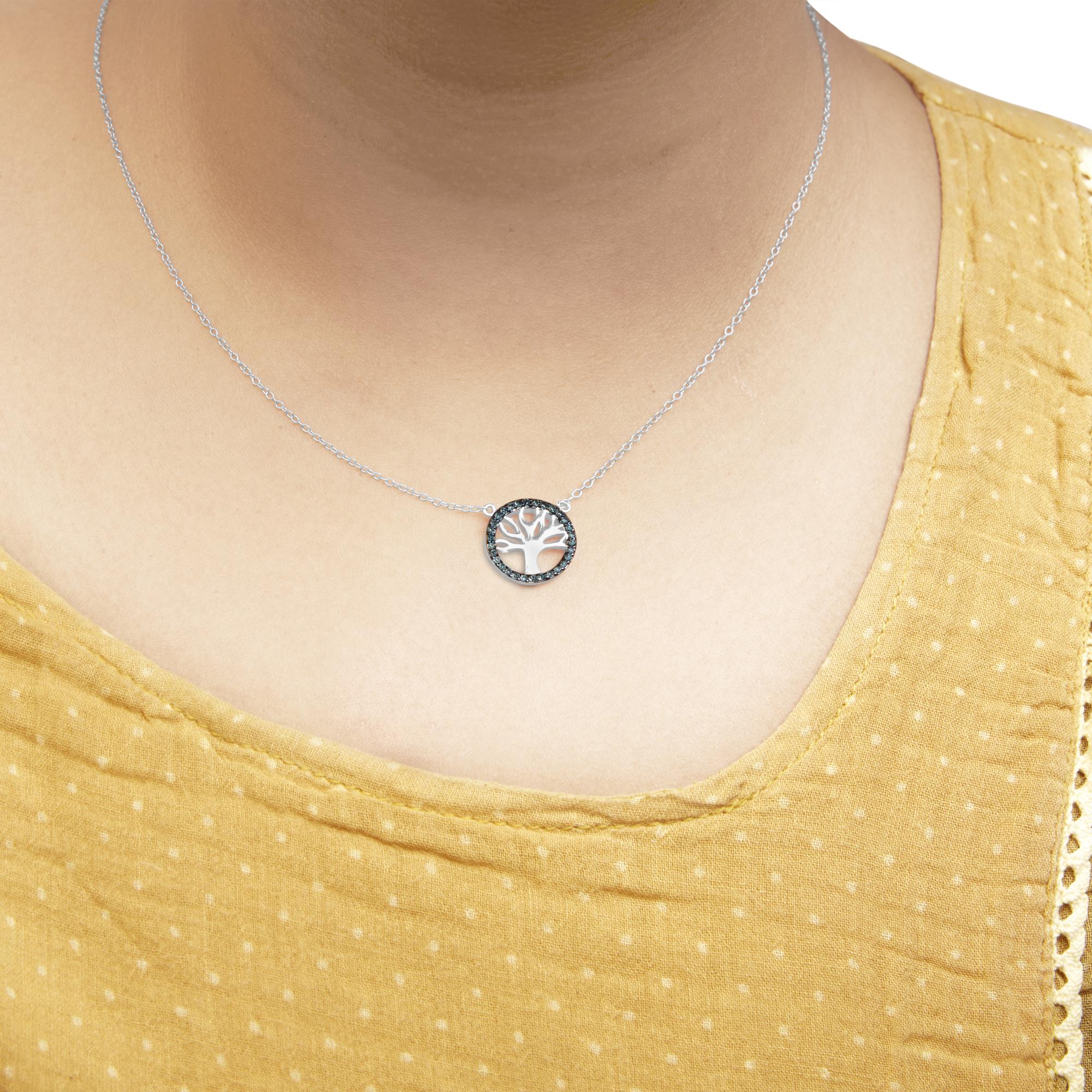 .925 Sterling Silver 1/6 Cttw Blue Diamond Tree of Life and Circle 18" Pendant Necklace (Blue Color, SI1-SI2 Clarity) - Friggin Jewelry