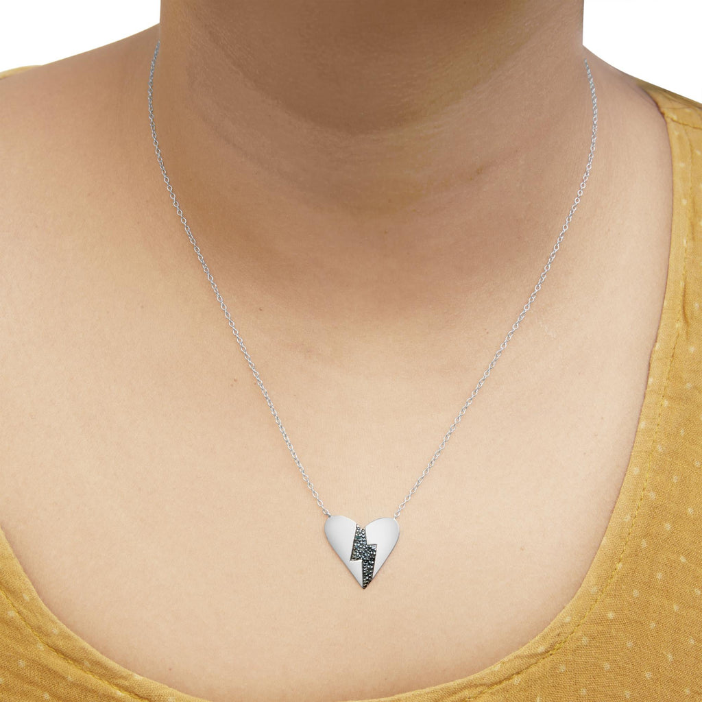 Collana con ciondolo a forma di cuore spezzato in argento sterling 925 con diamanti blu (colore HI, purezza I1-I2) - 18 pollici - Friggin Jewelry