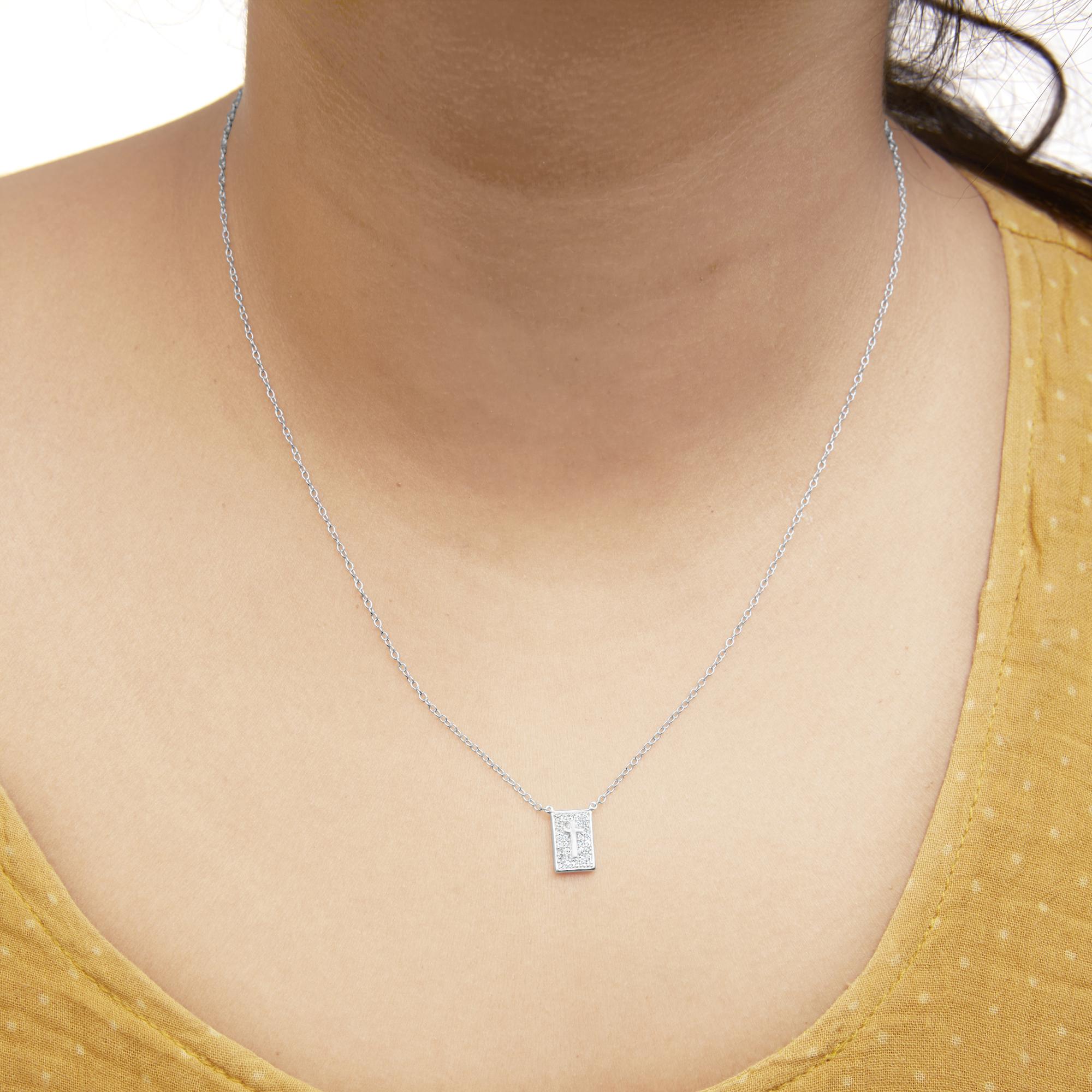 .925 Sterling Silver 1/10 Ctw Diamond Inlaid Cross Dog Tag Pendant Necklace (H-I Color, I1-I2 Clarity) - 18" - Friggin Jewelry