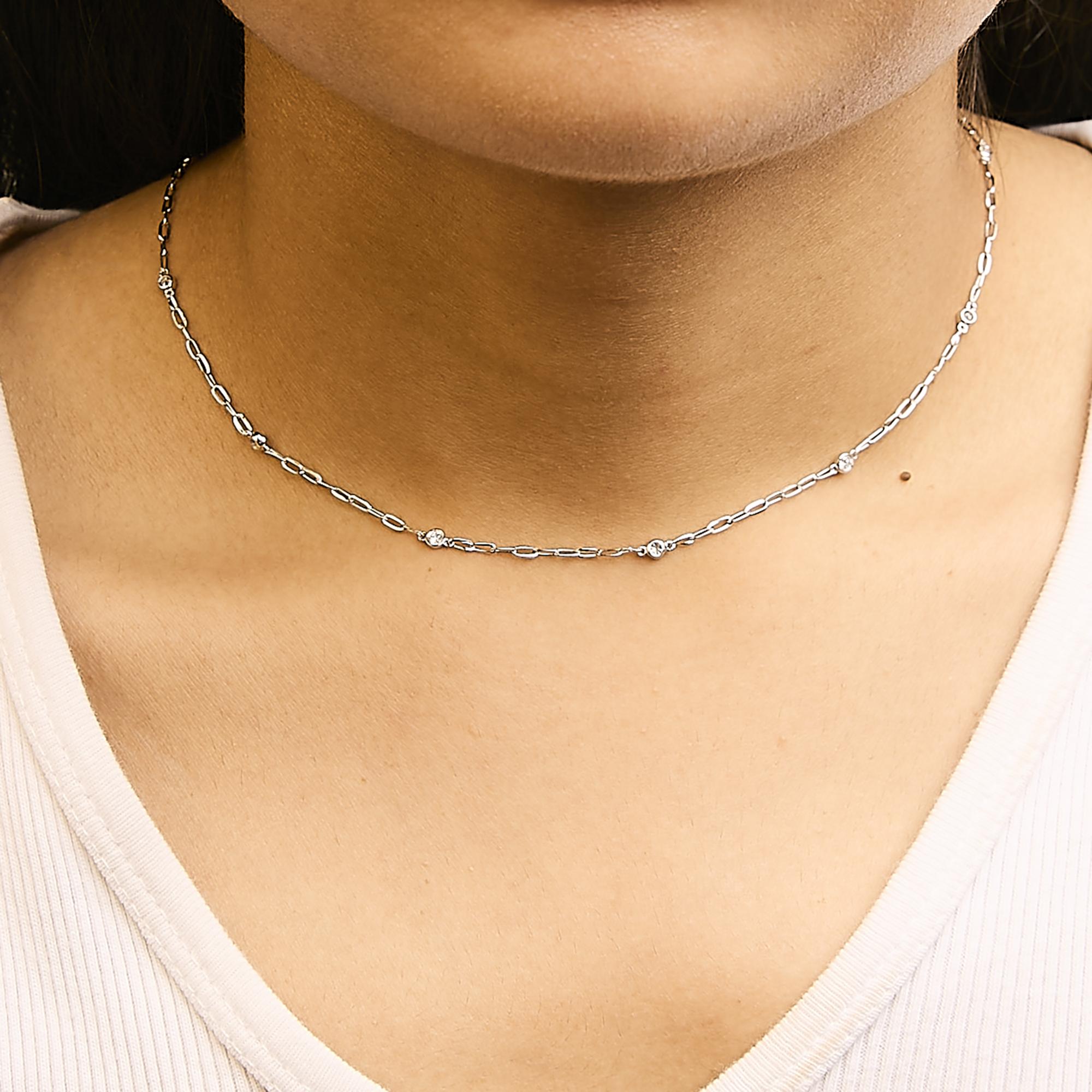 14K White Gold 1/2 Cttw Diamond Bezel Station Paperclip Chain Necklace (H-I Color, SI1-SI2 Clarity) - 18" - Friggin Jewelry