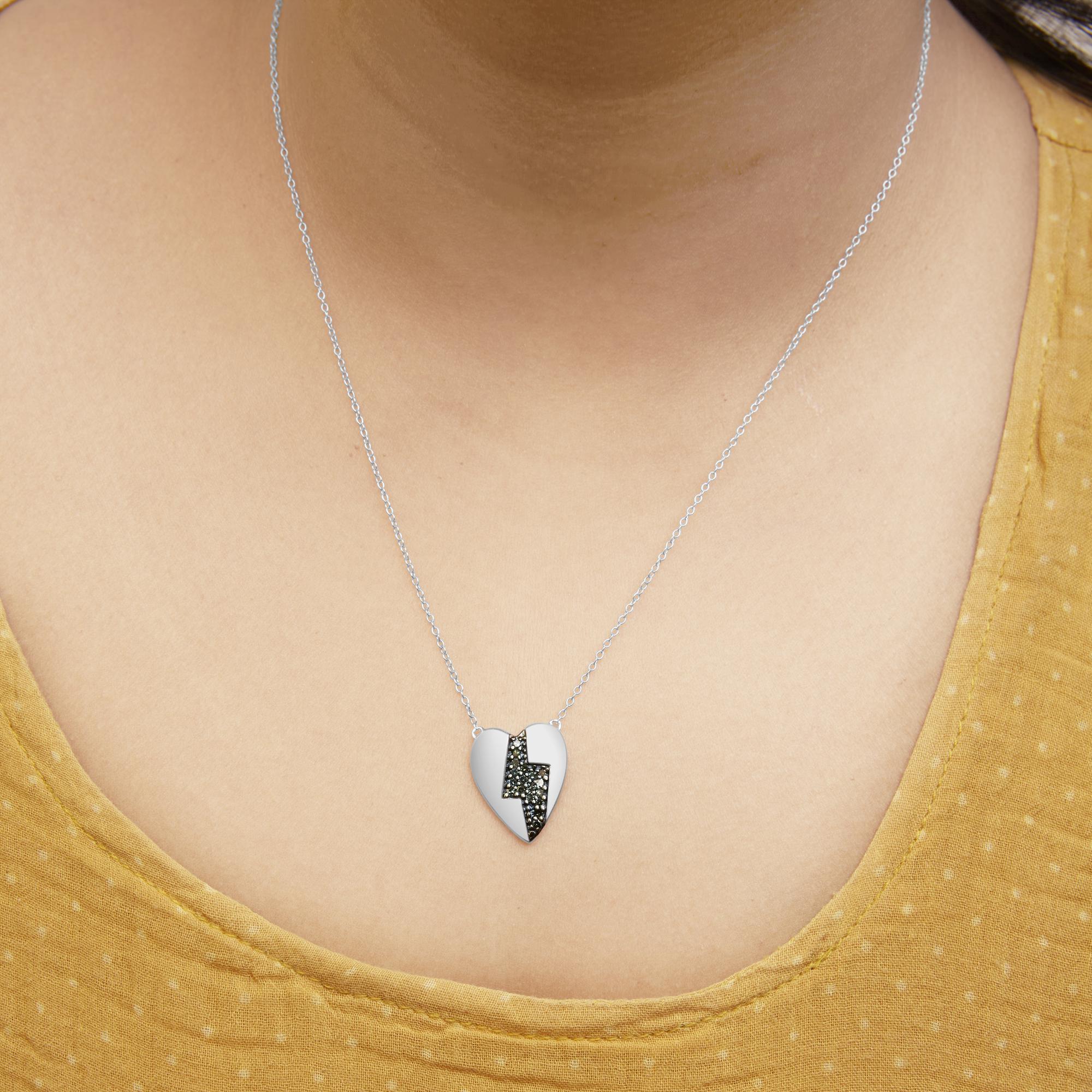 925 Sterling Silver 1/3 Ctw Blue Diamond Heart and Lightning Bolt Pendant Necklace (Blue Color, SI1-SI2 Clarity) -  18" Inches - Friggin Jewelry