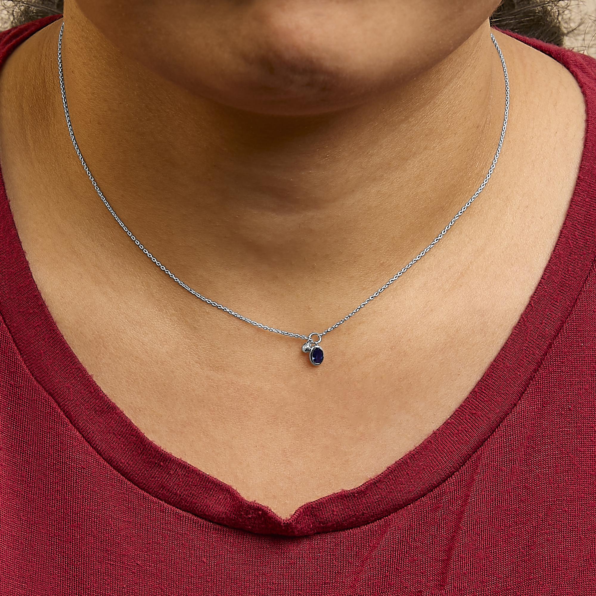 10K White Gold Oval Blue Sapphire and Diamond Double Charm Pendant Necklace - 18" Inches - Friggin Jewelry