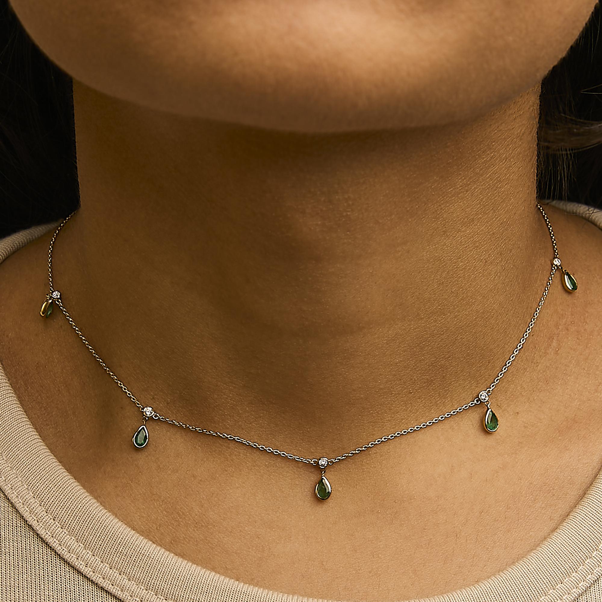 10K Yellow Gold Dangling 5x3 mm Green Emerald and Diamond Station Necklace - 18" Inches - Friggin Jewelry