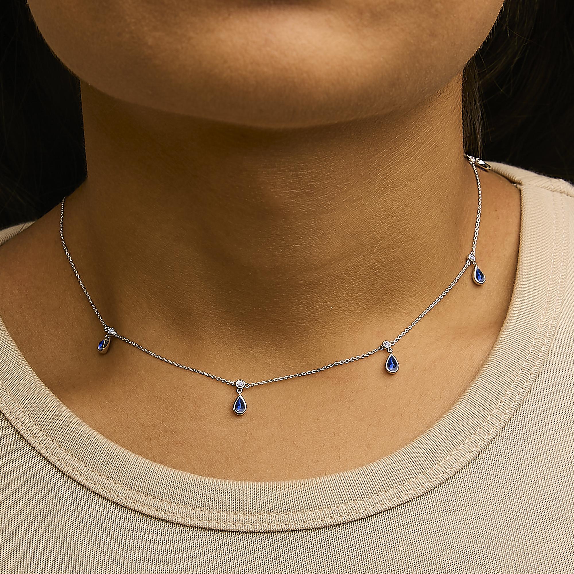 10K White Gold Dangling 5x3 mm Pear Blue Sapphire and Diamond Station Necklace - 18" Inches - Friggin Jewelry