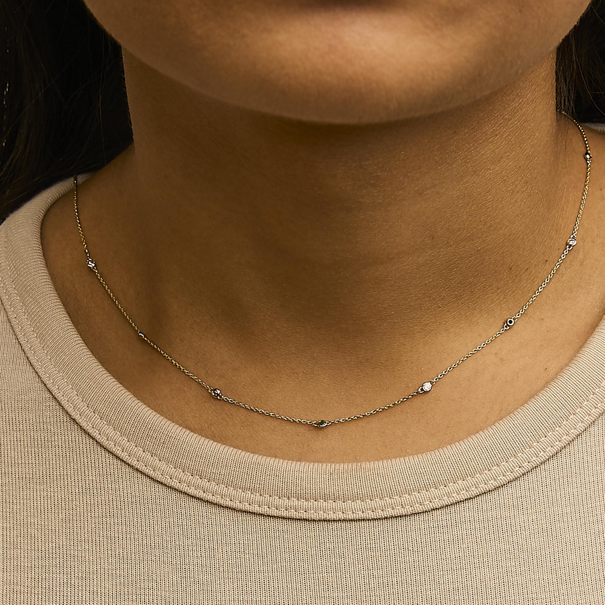 14K Yellow Gold Bezel Set Alternating Green Emerald and Diamond Station Necklace - 18" Inches - Friggin Jewelry