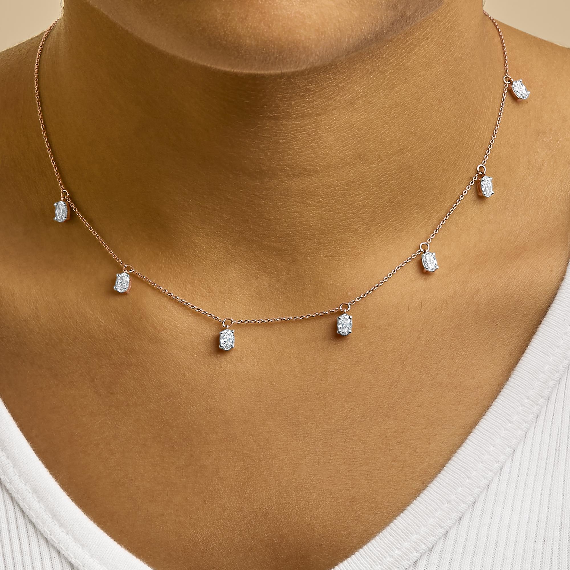 14K Rose Gold 1 3/8 Cttw Oval Lab Grown Diamond Dangle Station Necklace - 17" Inches - Friggin Jewelry
