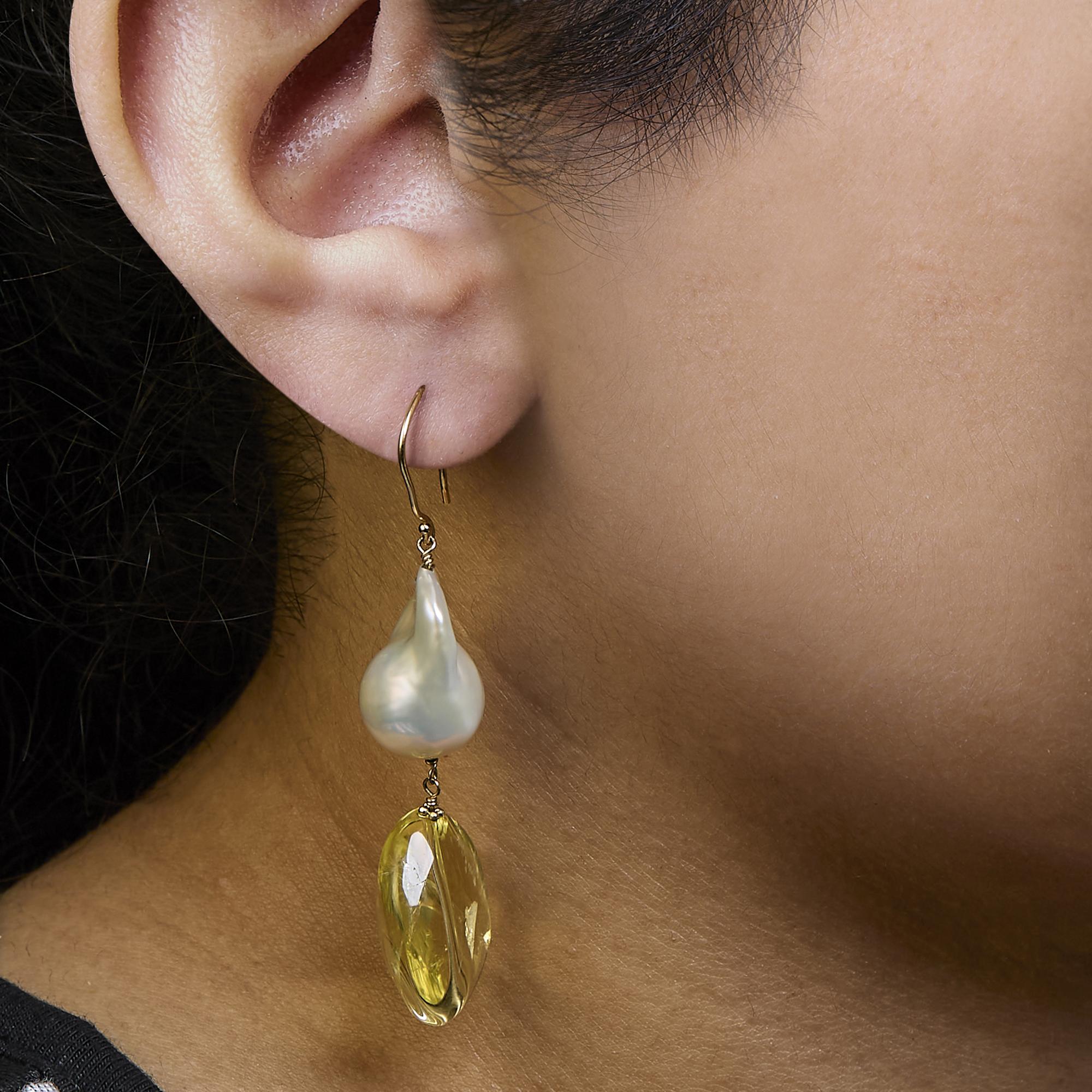 14K Yellow Gold Citrine and Baroque Pearl Drop and Dangle Earrings 1 3/4 Inch Dangle - Friggin Jewelry