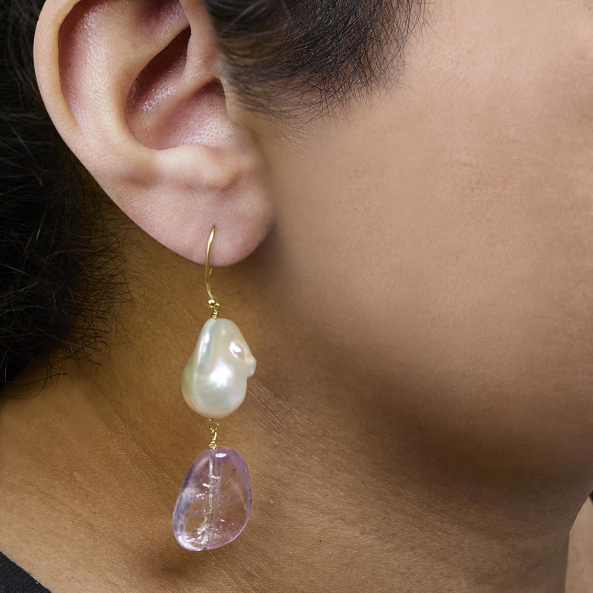 14K Yellow Gold Amethyst and Baroque Pearl Drop and Dangle Earrings 2" Inch Dangle Length - Friggin Jewelry