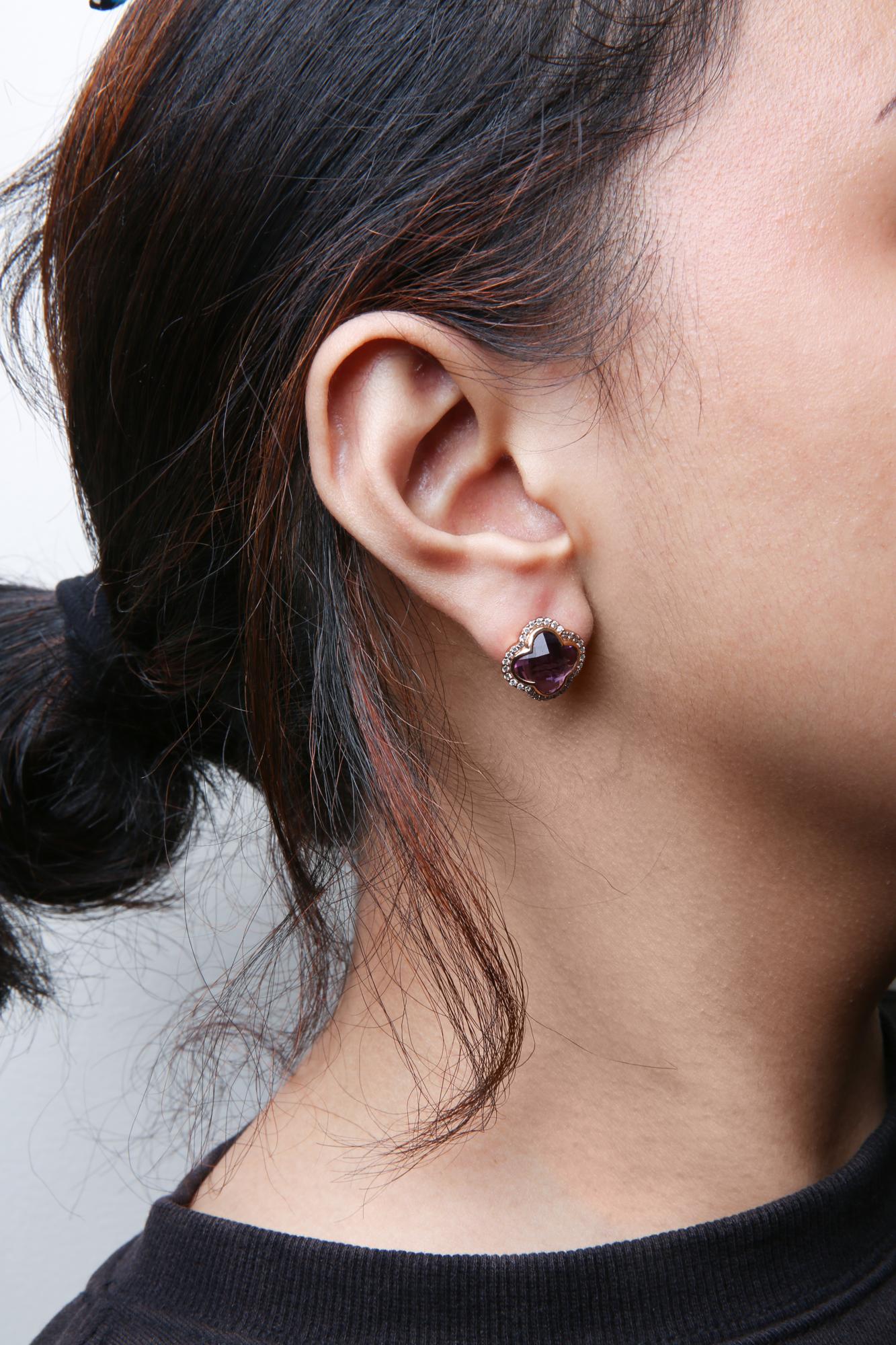 18K Rose Gold 3/8 Cttw Diamond and 11x11mm Clover-Cut Purple Amethyst Gemstone Clover Halo Stud Earrings (G-H Color, SI1-SI2 Clarity) - Friggin Jewelry