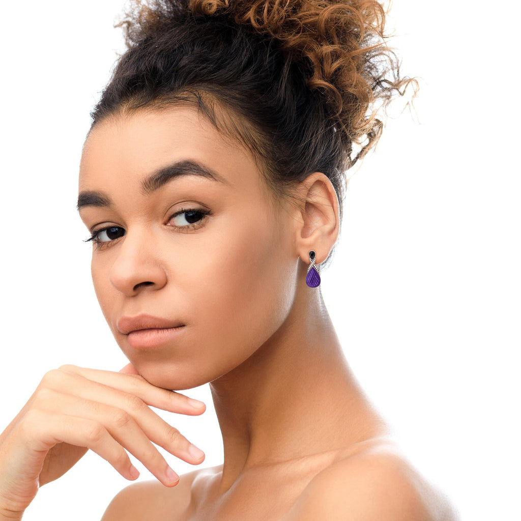 18K Rose Gold Flash Plated .925 Sterling Silver Purple Enamel 1/5 Cttw Round Pave-Set Diamond and 5.5 x 4mm Pear-Shaped Black Onyx Drop Earrings (F-G Color, VS1-VS2 Clarity) - Friggin Jewelry