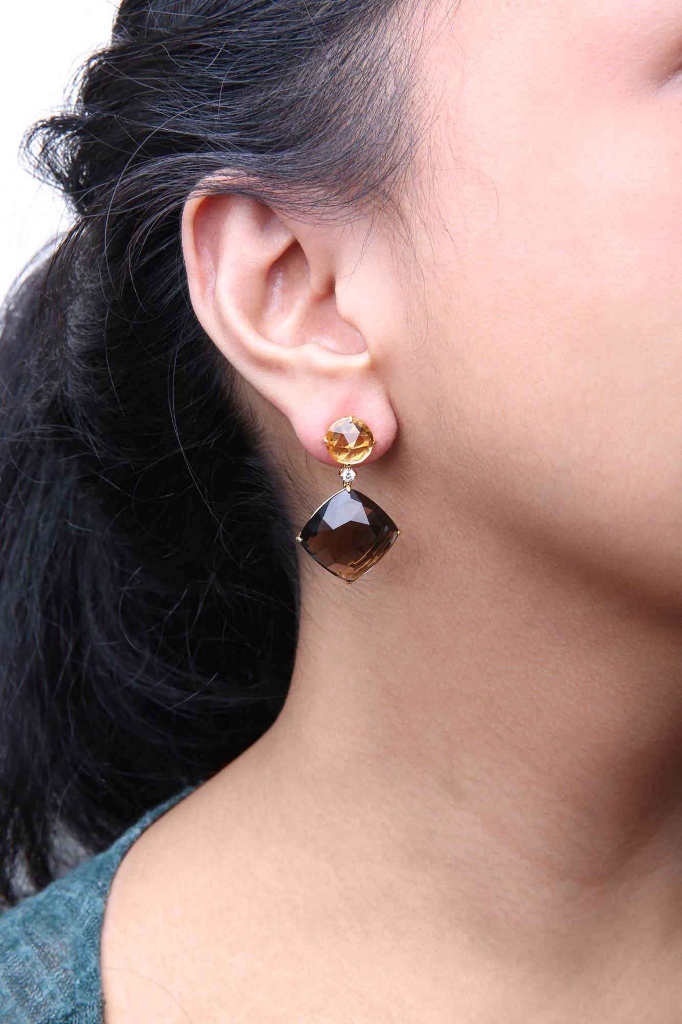 18K Yellow Gold 1/5 Cttw Diamond with Round Yellow Citrine and 25mm Cushion Cut Smoky Quartz Gemstone Dangle Earring (G-H Color, SI1-SI2 Clarity) - Friggin Jewelry