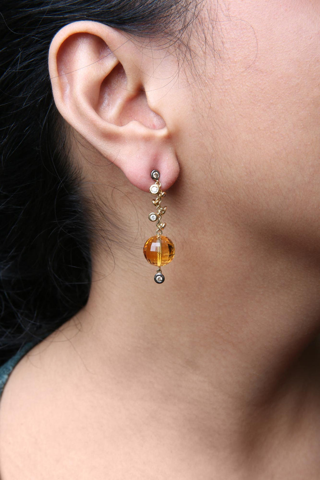 18K Yellow Gold 2/3 Cttw Round Bezel Diamond and 25mm Ball Shaped Yellow Citrine Gemstone Dangle Stud Earring (Brown and G-H Color, SI1-SI2 Clarity) - Friggin Jewelry