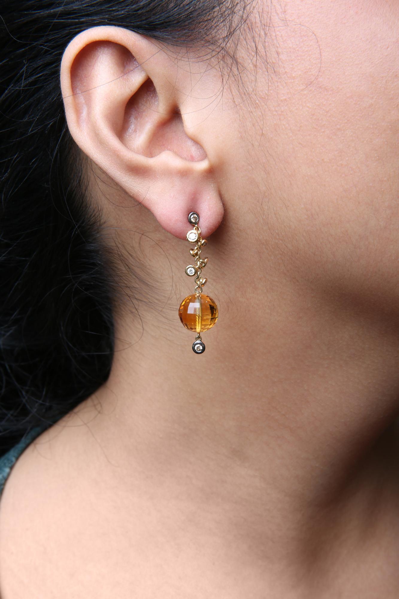 18K Yellow Gold 2/3 Cttw Round Bezel Diamond and 25mm Ball Shaped Yellow Citrine Gemstone Dangle Stud Earring (Brown and G-H Color, SI1-SI2 Clarity) - Friggin Jewelry