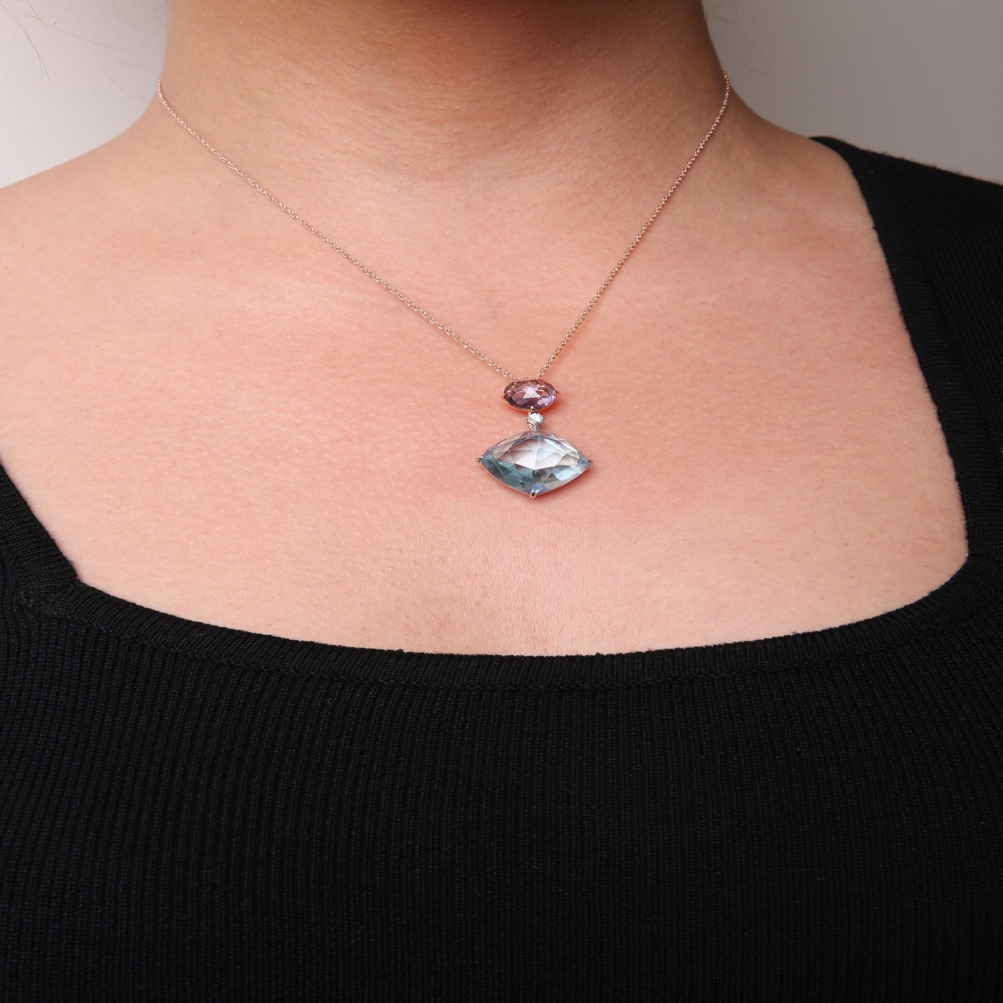 18K White and Rose Gold Round Diamond Accent and Round Rose De France Pink Amethyst and Cushion Cut Sky Blue Topaz Dangle Drop 18" Pendant Necklace (G-H Color, SI1-SI2 Clarity) - Friggin Jewelry