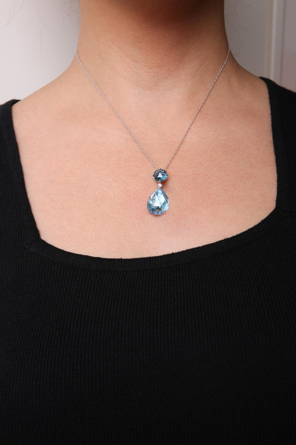18K White Gold Diamond Accent and Round London Blue Topaz and Pear Cut Sky Blue Topaz Dangle Drop 18" Pendant Necklace (G-H Color, SI1-SI2 Clarity) - Friggin Jewelry Premium