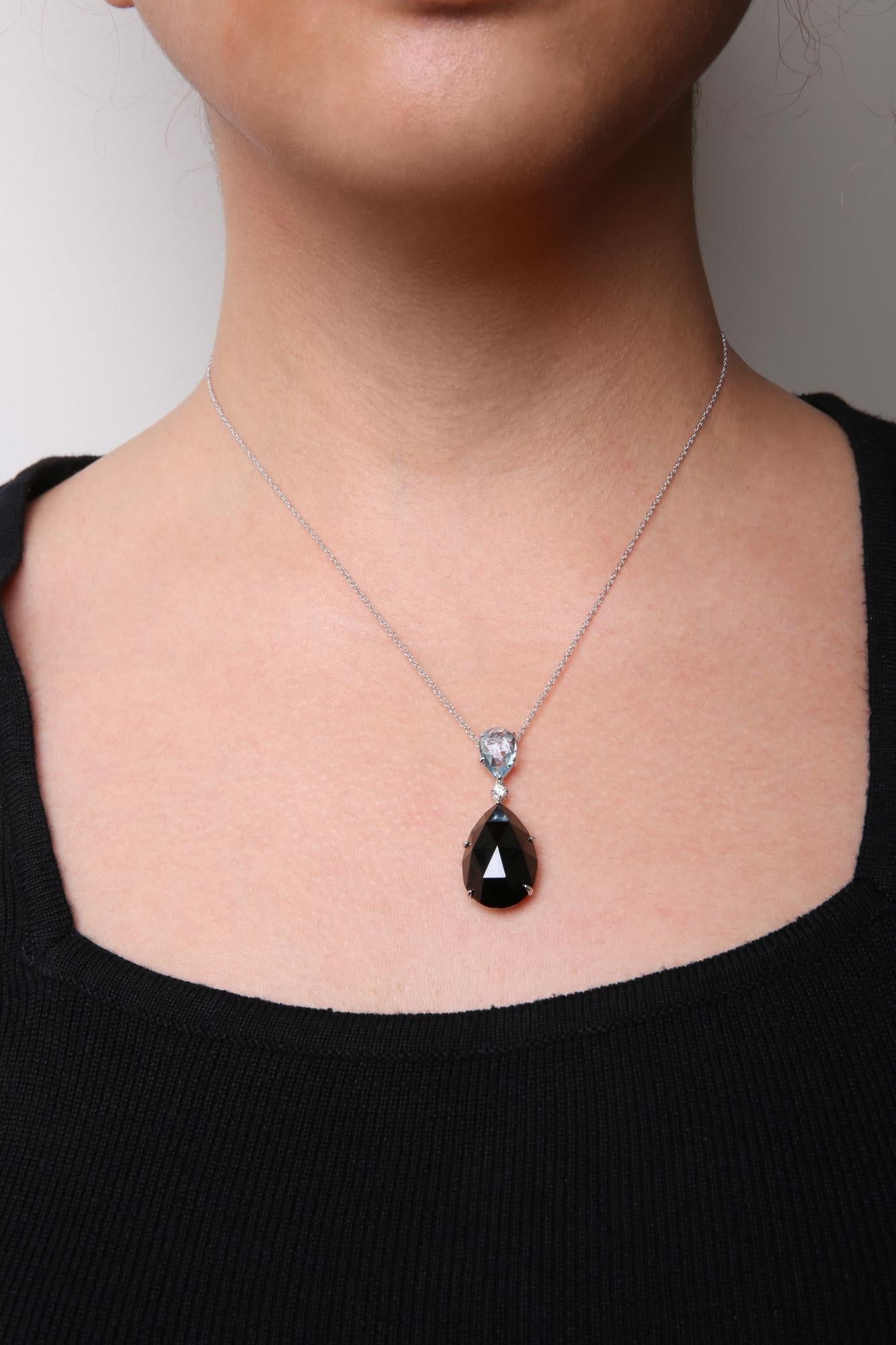 18K White Gold Diamond Accent and Pear Cut Sky Blue Topaz and Pear Cut Black Onyx Dangle Drop 18" Pendant Necklace (G-H Color, SI1-SI2 Clarity) - Friggin Jewelry