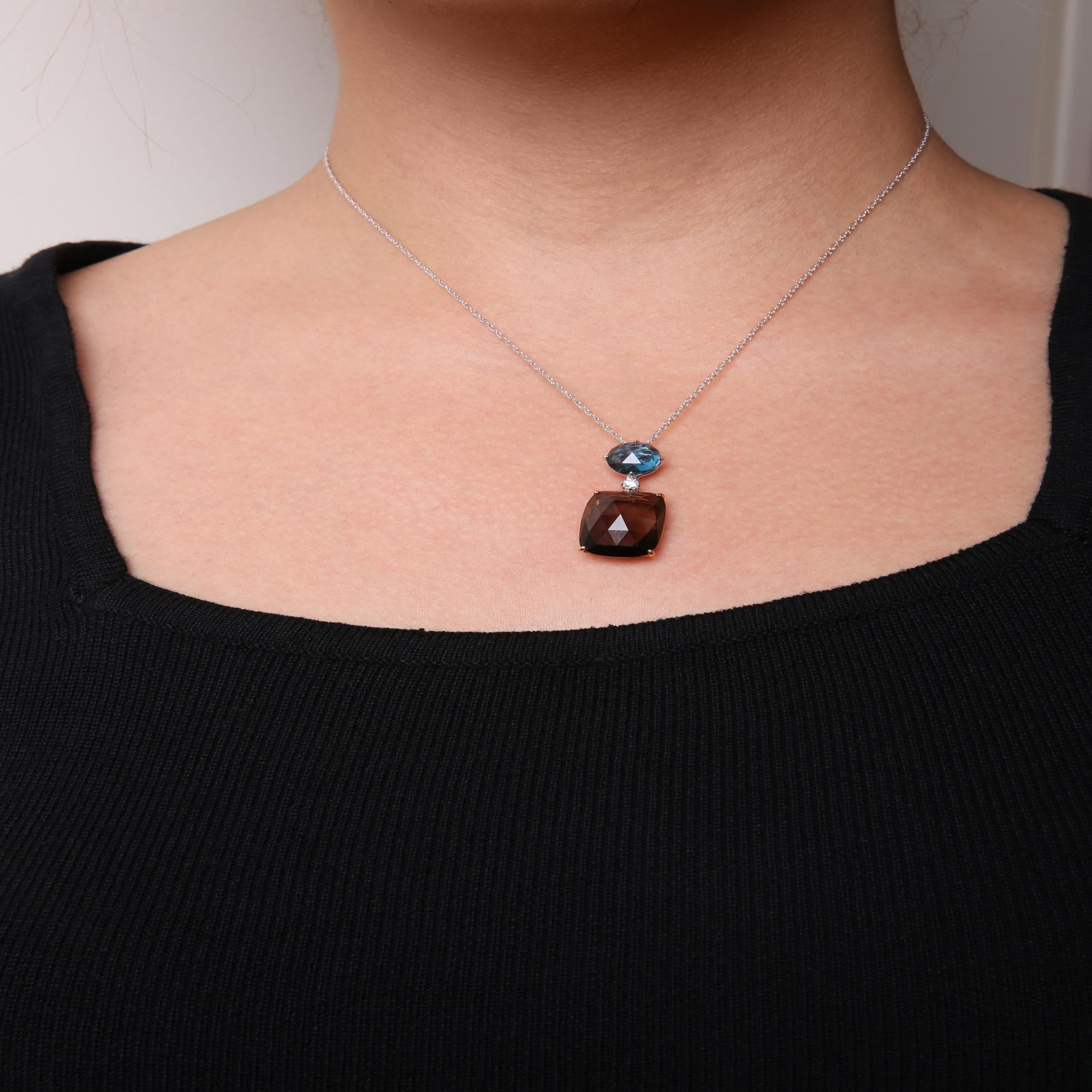 18K Rose and White Gold Diamond Accent and London Blue Topaz and Cushion Cut Smoky Quartz Gemstone Dangle Drop 18" Pendant Necklace (G-H Color, SI1-SI2 Clarity) - Friggin Jewelry