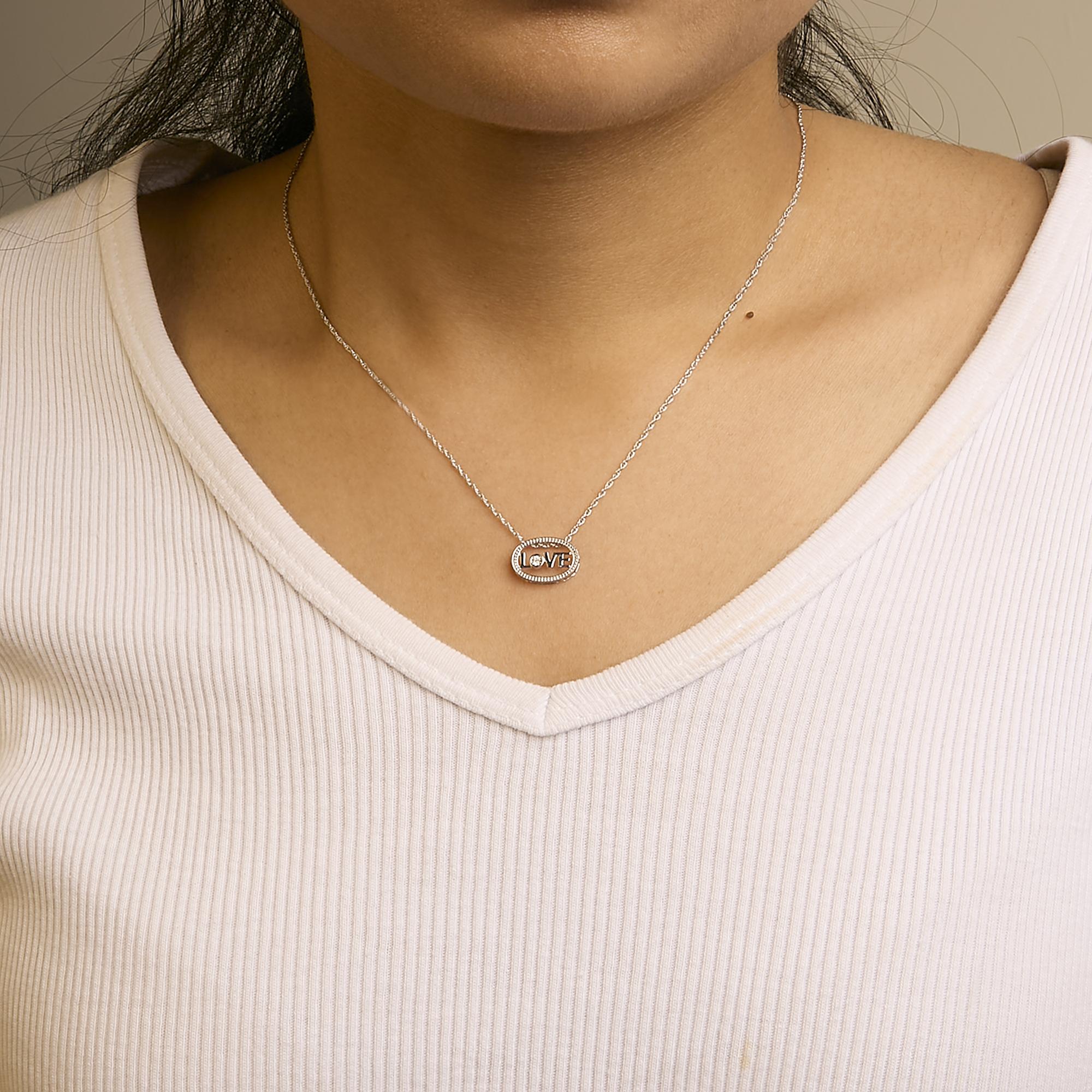 .925 Sterling Silver Diamond Accent "LOVE" Beaded Oval Pendant Necklace (J-K Color, I2-I3 Clarity) - 18" Inches - Mom - Friggin Jewelry