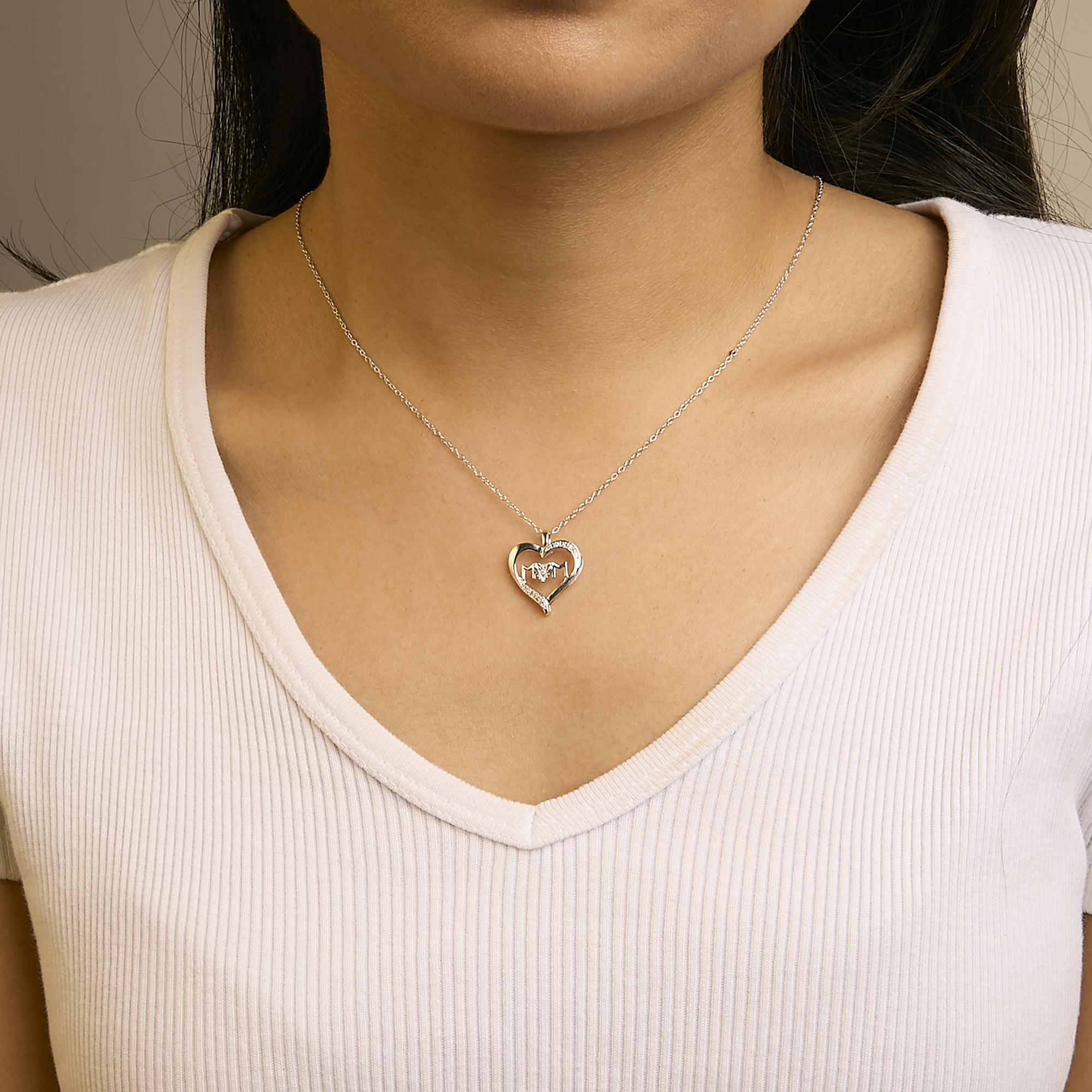 .925 Sterling Silver Diamond Accent MOM with Heart Pendant Necklace (J-K Color, I2-I3 Clarity) - 18" Inches - Mom - Friggin Jewelry