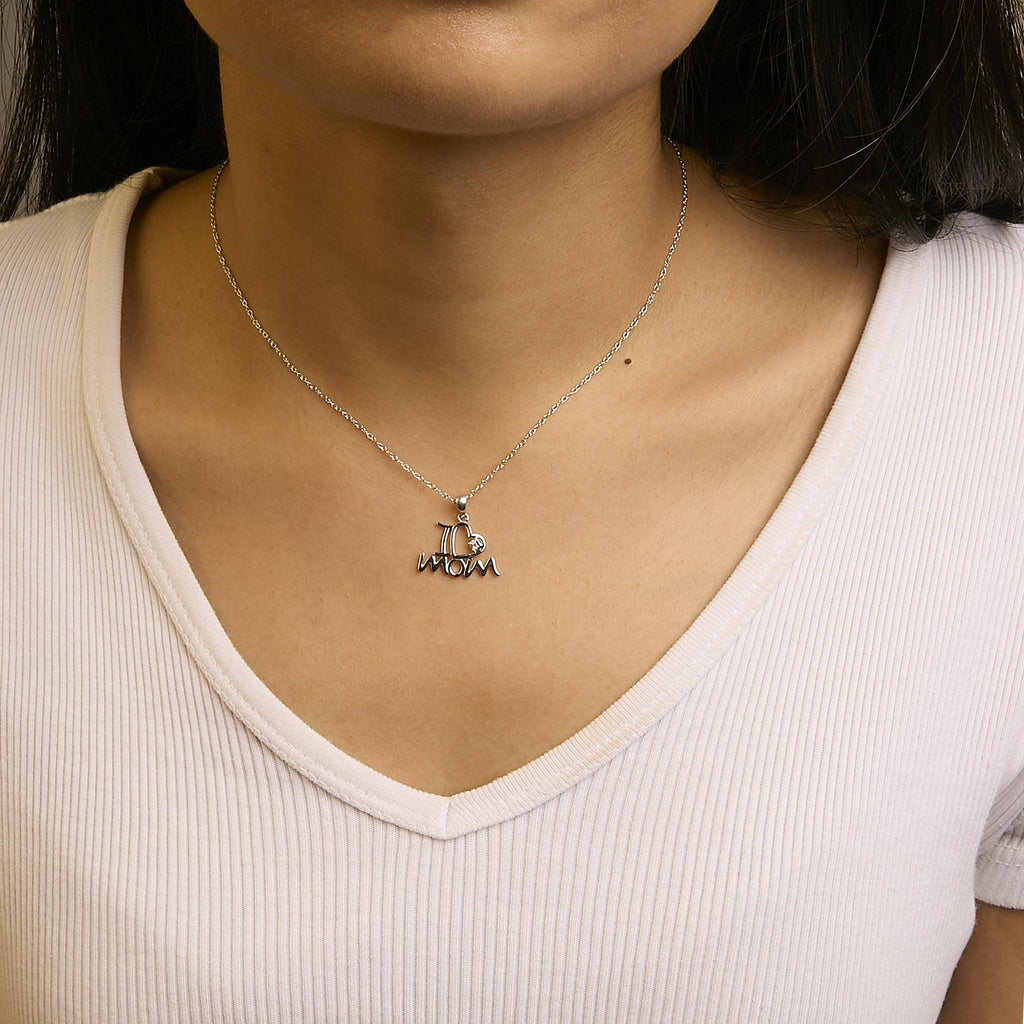 .925 Sterling Silver Diamond Accent "I Love Mom" Heart Pendant Necklace (J-K Color, I2-I3 Clarity) - 18" Inches - Mom - Friggin Jewelry