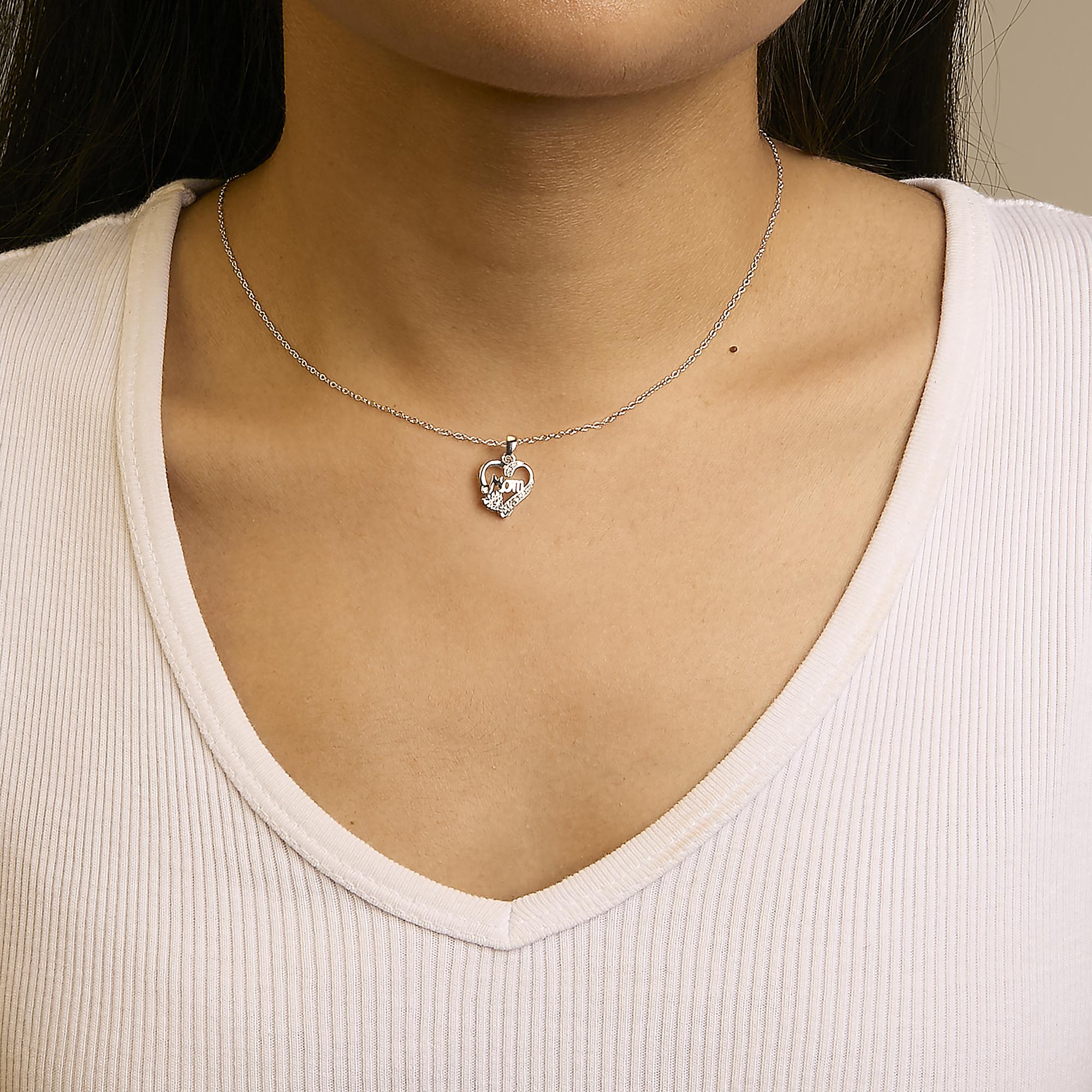 .925 Sterling Silver Diamond Accent Mom with Heart Pendant Necklace (J-K Color, I2-I3 Clarity) - 18" Inches - Mom - Friggin Jewelry