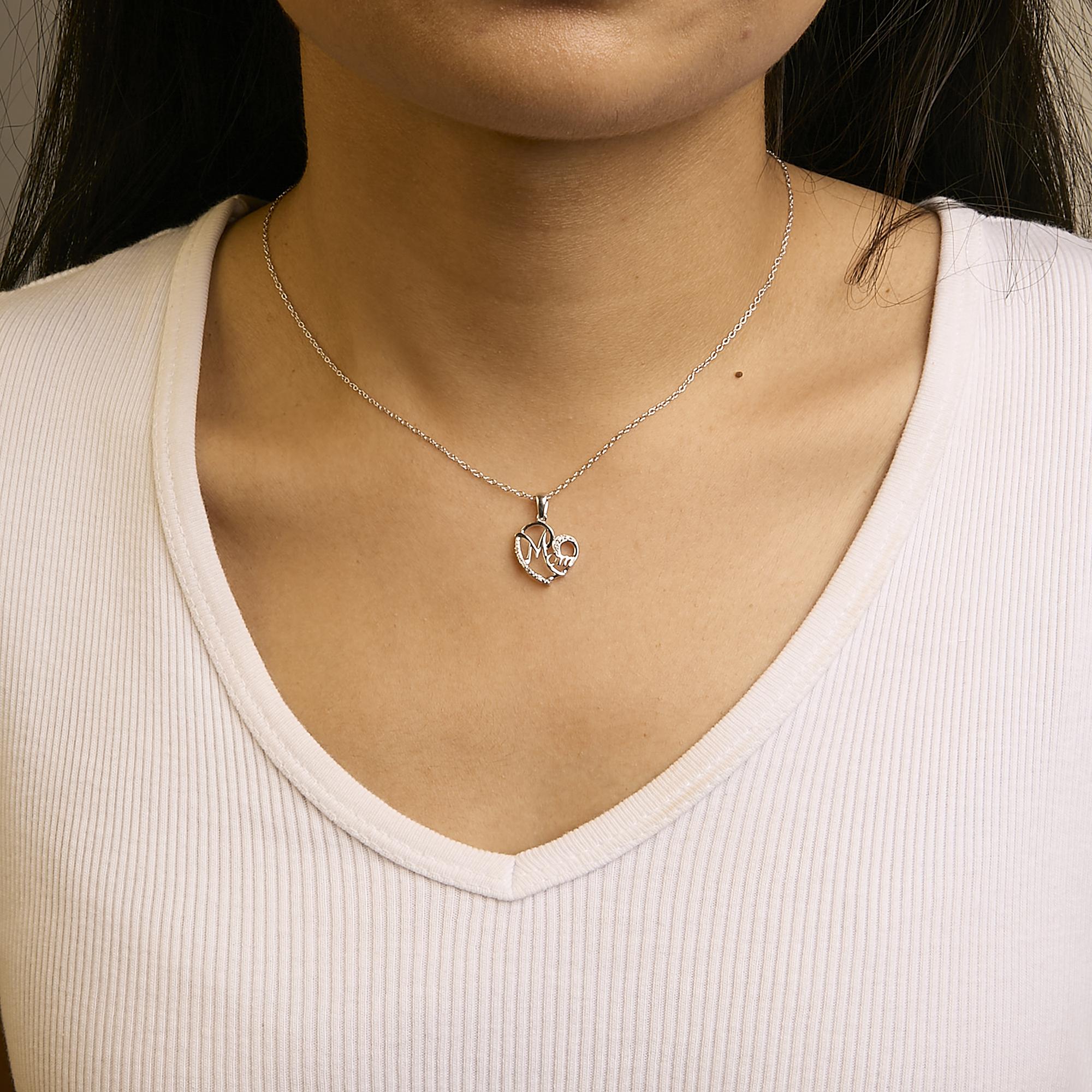 .925 Sterling Silver Cursive Mom Heart Diamond Accent Pendant Necklace (J-K Color, I2-I3 Clarity) - 18" Inches - Mom - Friggin Jewelry