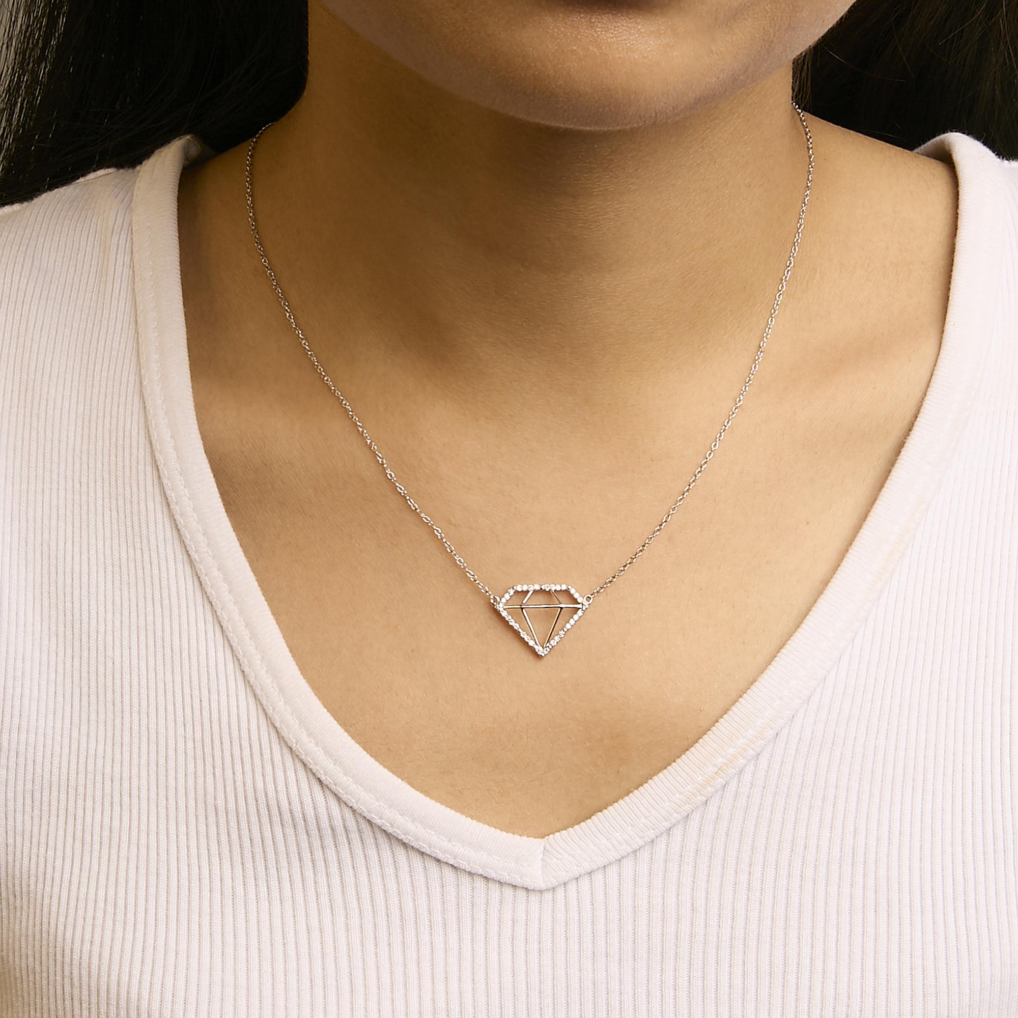 .925 Sterling Silver 1/7 Cttw Lab Grown Diamond Diamond Shaped Pendant Necklace - Size 18 Inches - Friggin Jewelry