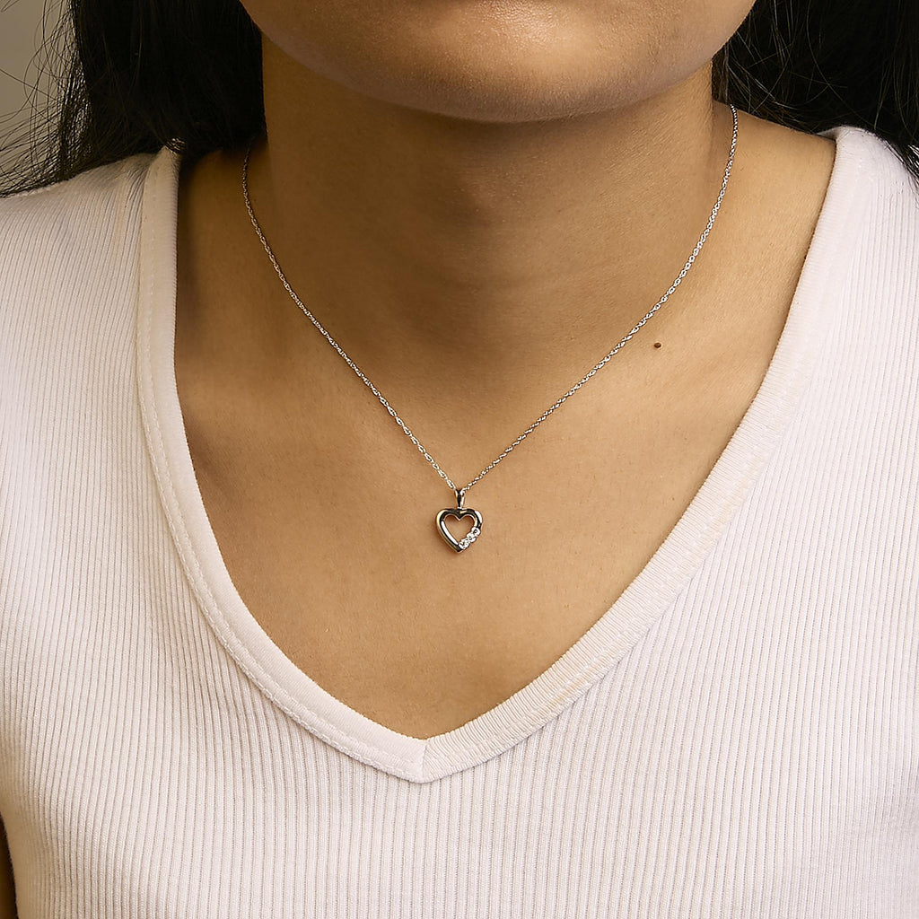 .925 Sterling Silver Lab Grown Diamond 1/4 Cttw Three Stone Heart Pendant Necklace - 18" Inches - Friggin Jewelry