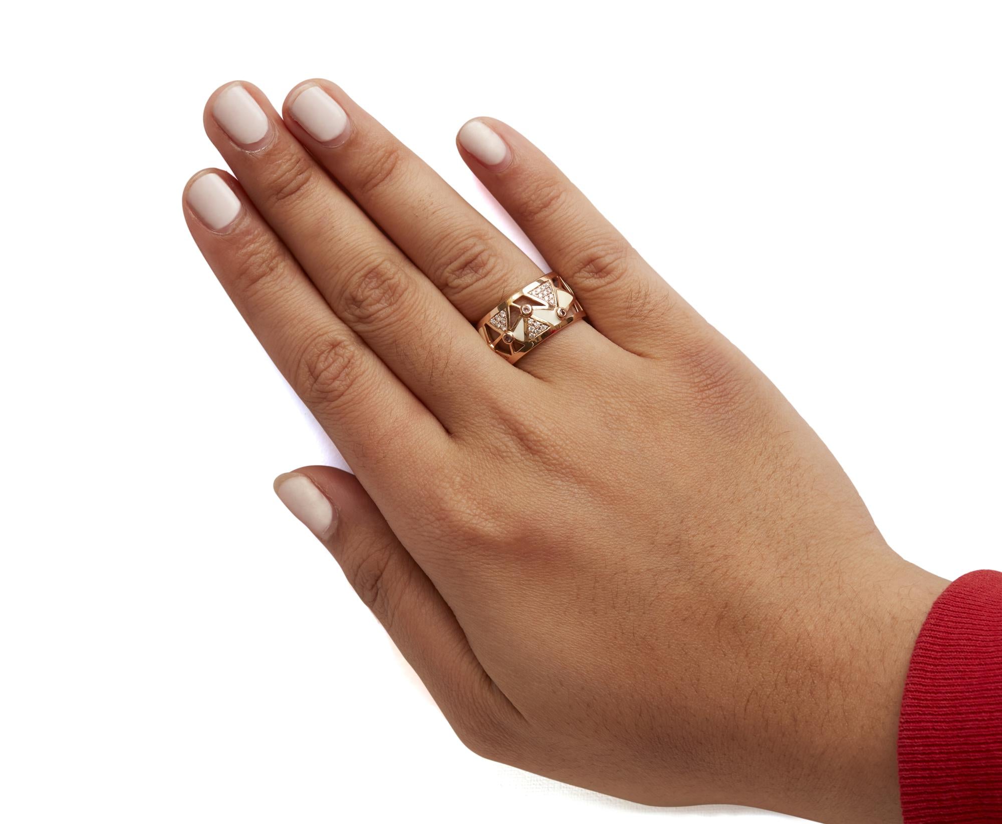 14K Rose Gold 1/3 Cttw Diamond and Pink Tourmaline Cigar Band Ring with White Enamel (G-H Color, SI1-SI2 Clarity) - Friggin Jewelry