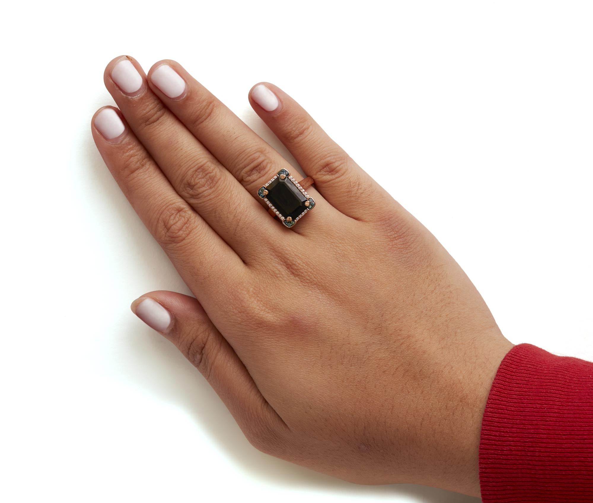 14K Rose Gold 15x10 MM Emerald-Cut Black Onyx and 1/5 Cttw Blue and White Diamond Halo Cocktail Ring (G-H Color, SI1-SI2 Clarity)- Size 7 - Friggin Jewelry