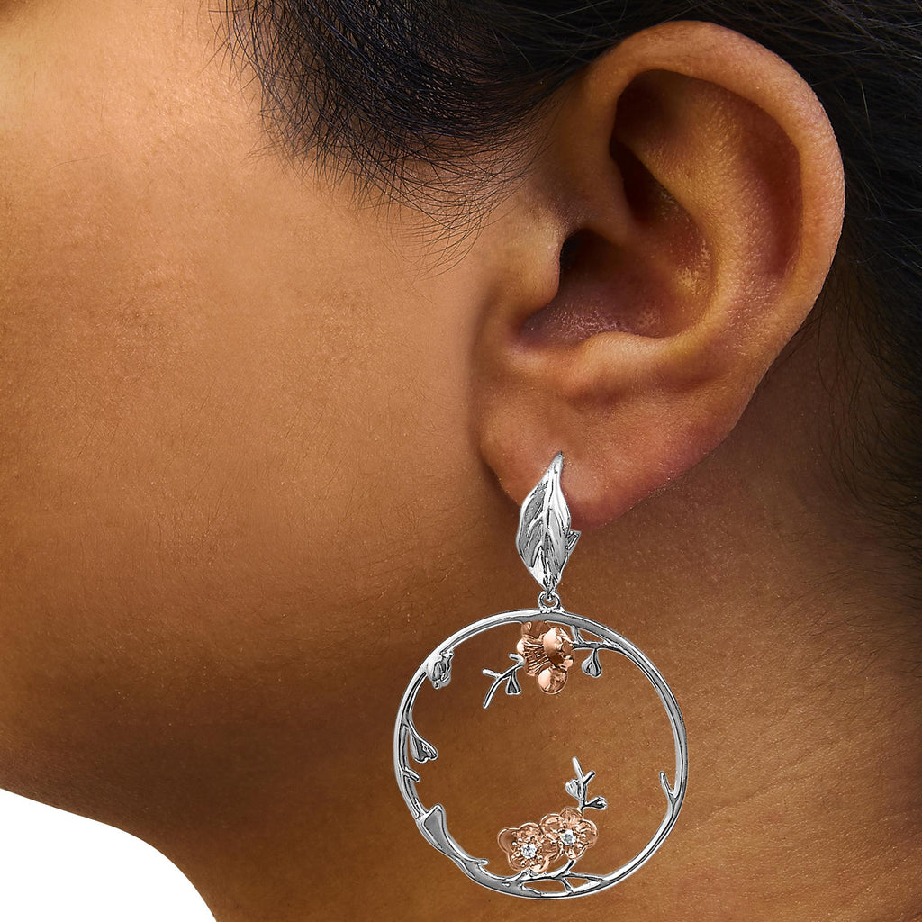 Rose Gold Plated .925 Sterling Silver 1/10 Cttw Diamond Floral Hoop Earrings (I-J Color, SI1-SI2 Clarity) - Friggin Jewelry